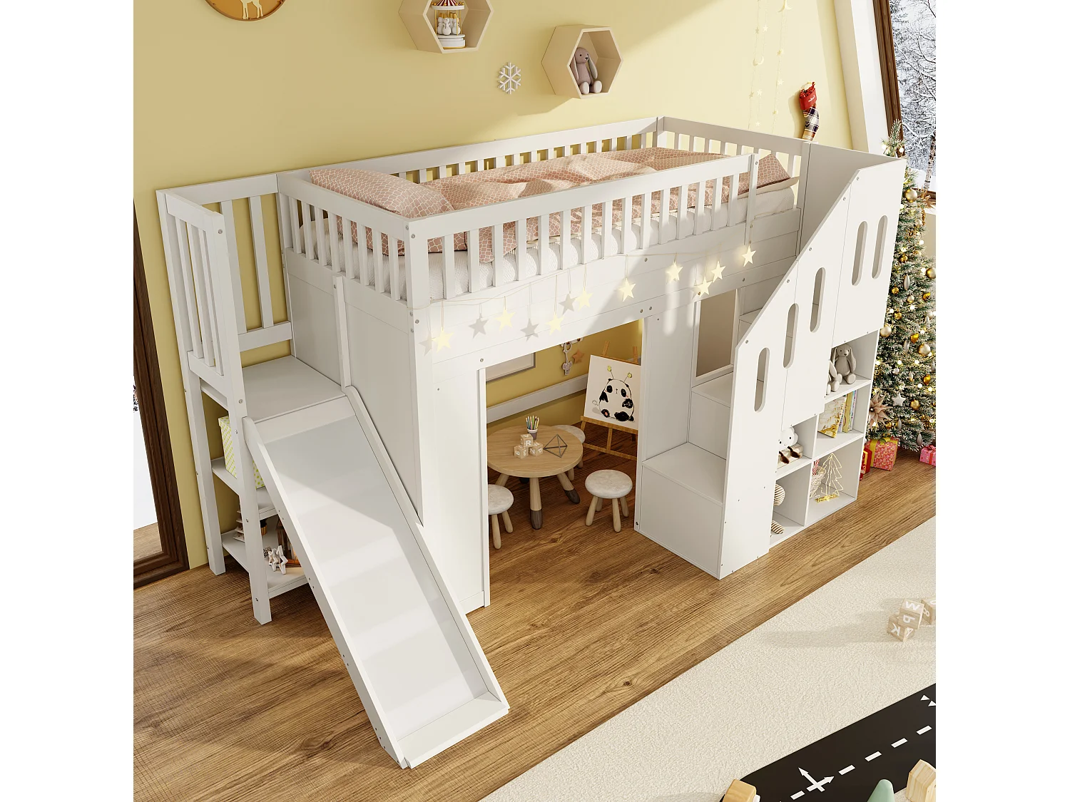 Lit mezzanine enfant 90x200cm - avec bande lumineuse LED - avec toboggan - Échelle de rangement - Blanc (Matelas non inclus)