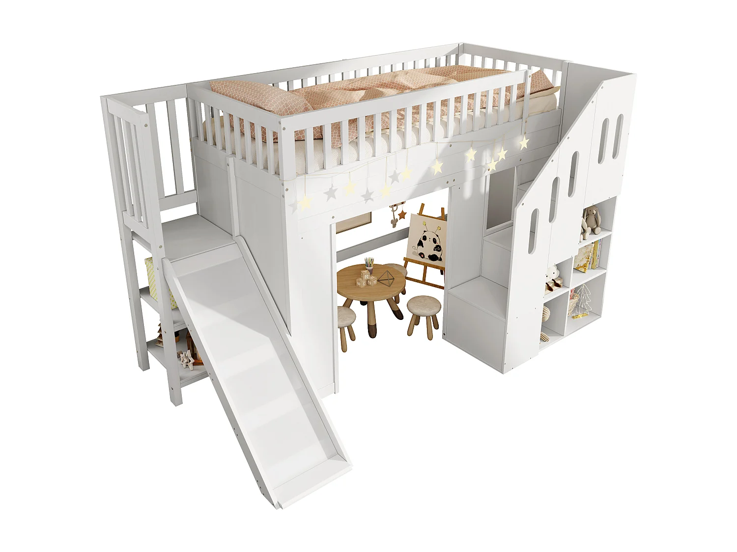 Lit mezzanine enfant 90x200cm - avec bande lumineuse LED - avec toboggan - Échelle de rangement - Blanc (Matelas non inclus)