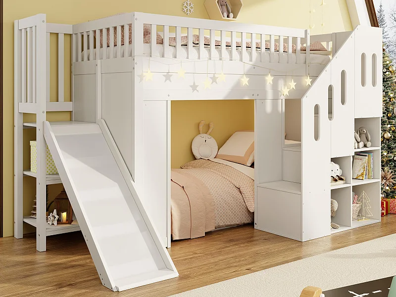 Lit mezzanine enfant 90x200cm - avec bande lumineuse LED - avec toboggan - Échelle de rangement - Blanc (Matelas non inclus)