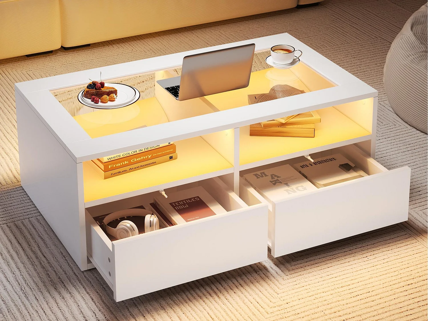 Table basse 100x50x35cm - avec éclairage LED - 2 tiroirs - Plateau en verre - Rangement ouvert - Blanc