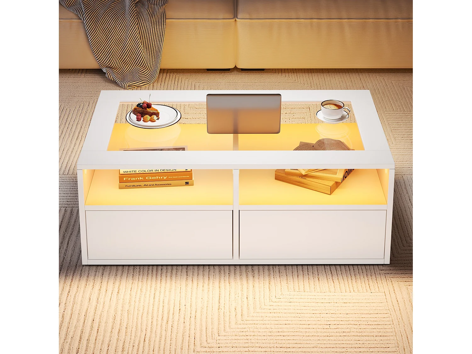 Table basse 100x50x35cm - avec éclairage LED - 2 tiroirs - Plateau en verre - Rangement ouvert - Blanc