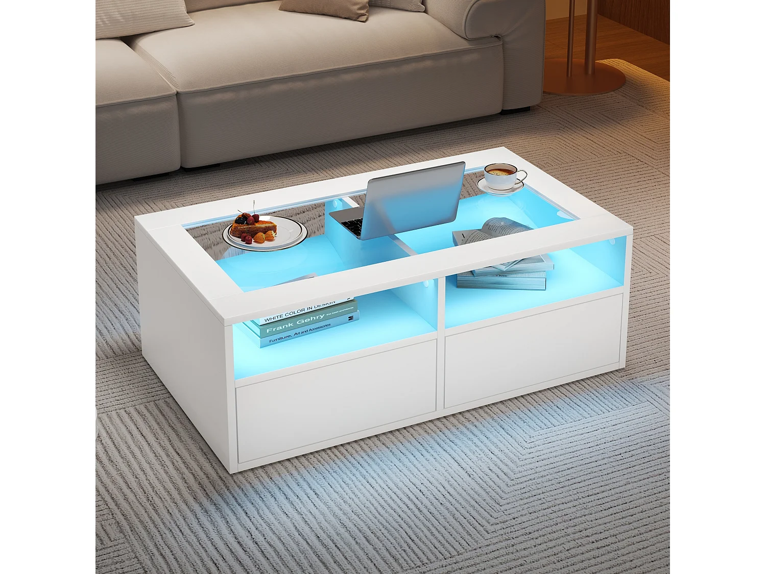 Table basse 100x50x35cm - avec éclairage LED - 2 tiroirs - Plateau en verre - Rangement ouvert - Blanc