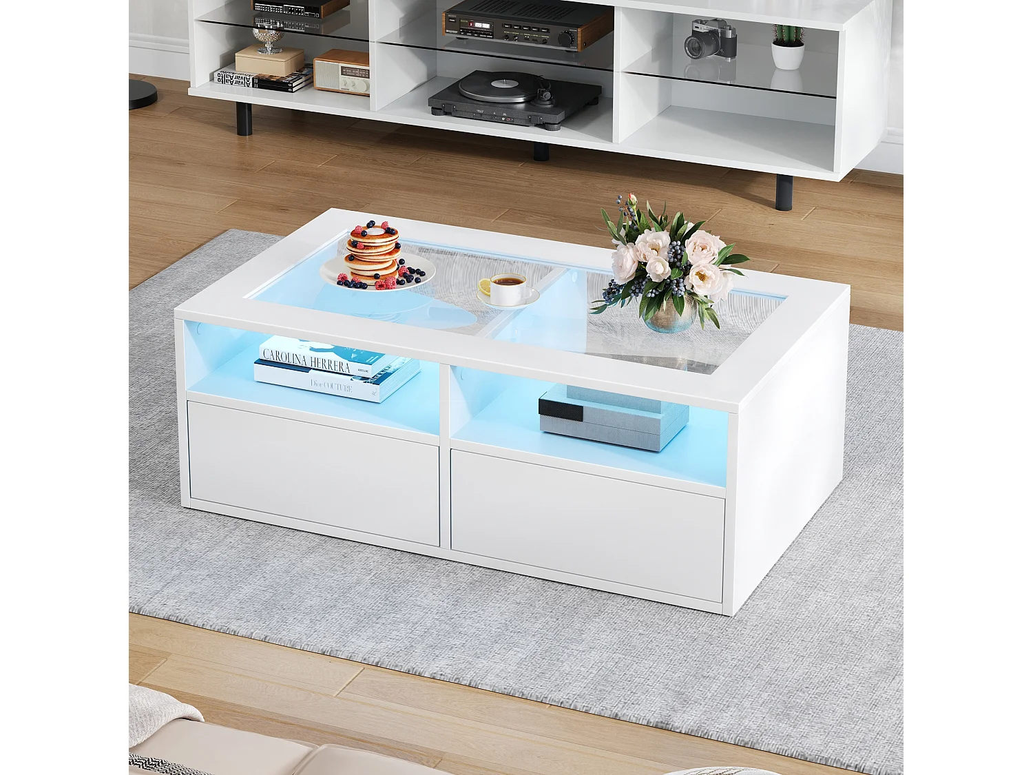 Table basse 100x50x35cm - avec éclairage LED - 2 tiroirs - Plateau en verre - Rangement ouvert - Blanc