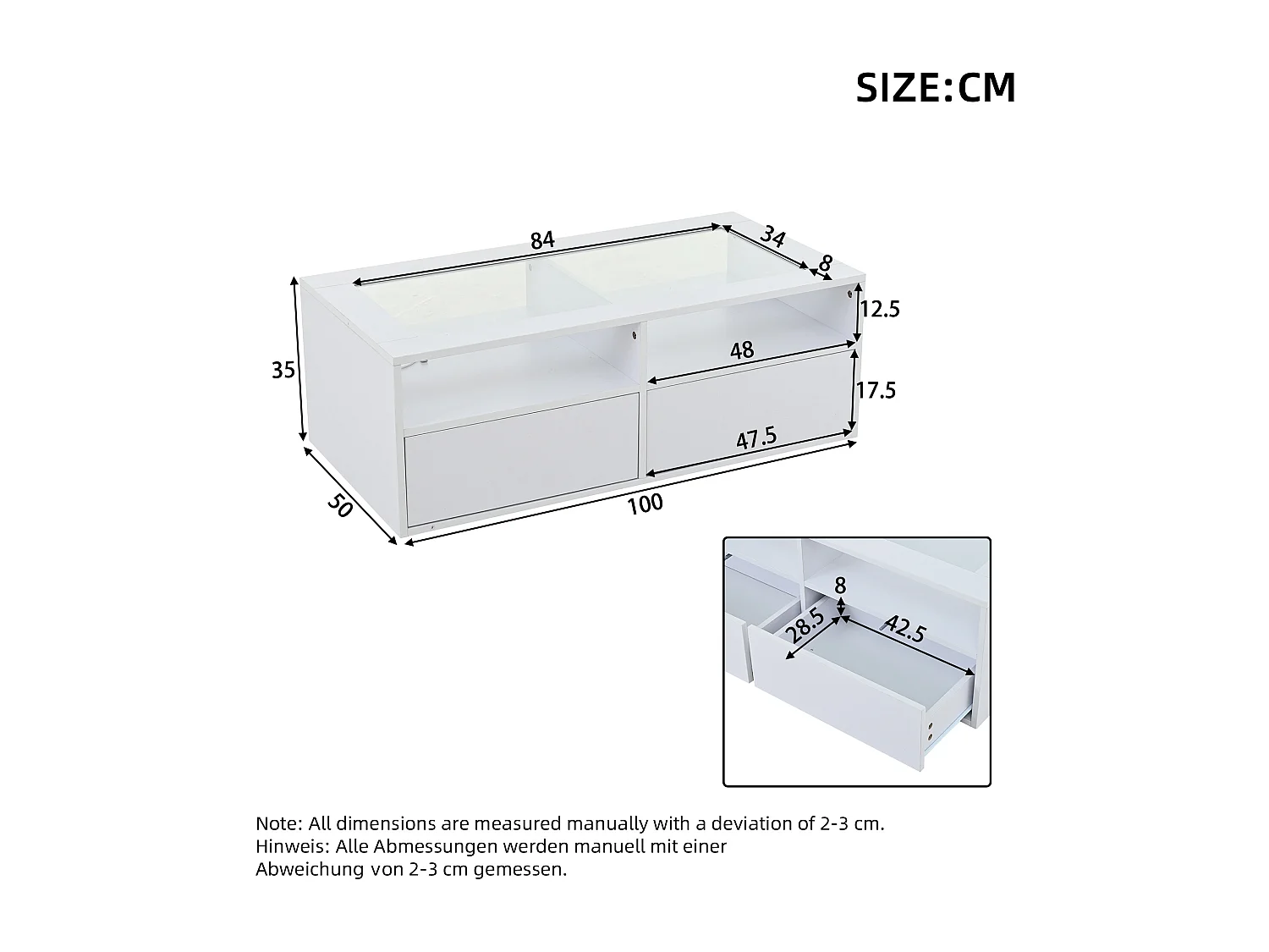 Table basse 100x50x35cm - avec éclairage LED - 2 tiroirs - Plateau en verre - Rangement ouvert - Blanc