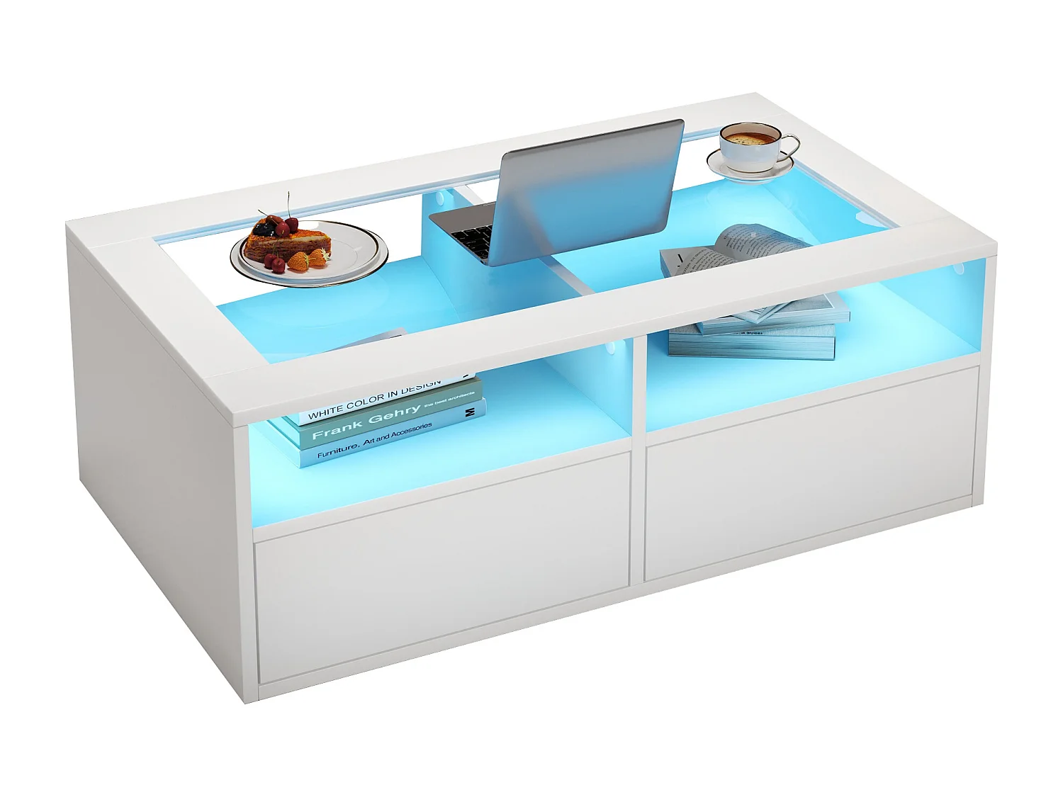 Table basse 100x50x35cm - avec éclairage LED - 2 tiroirs - Plateau en verre - Rangement ouvert - Blanc