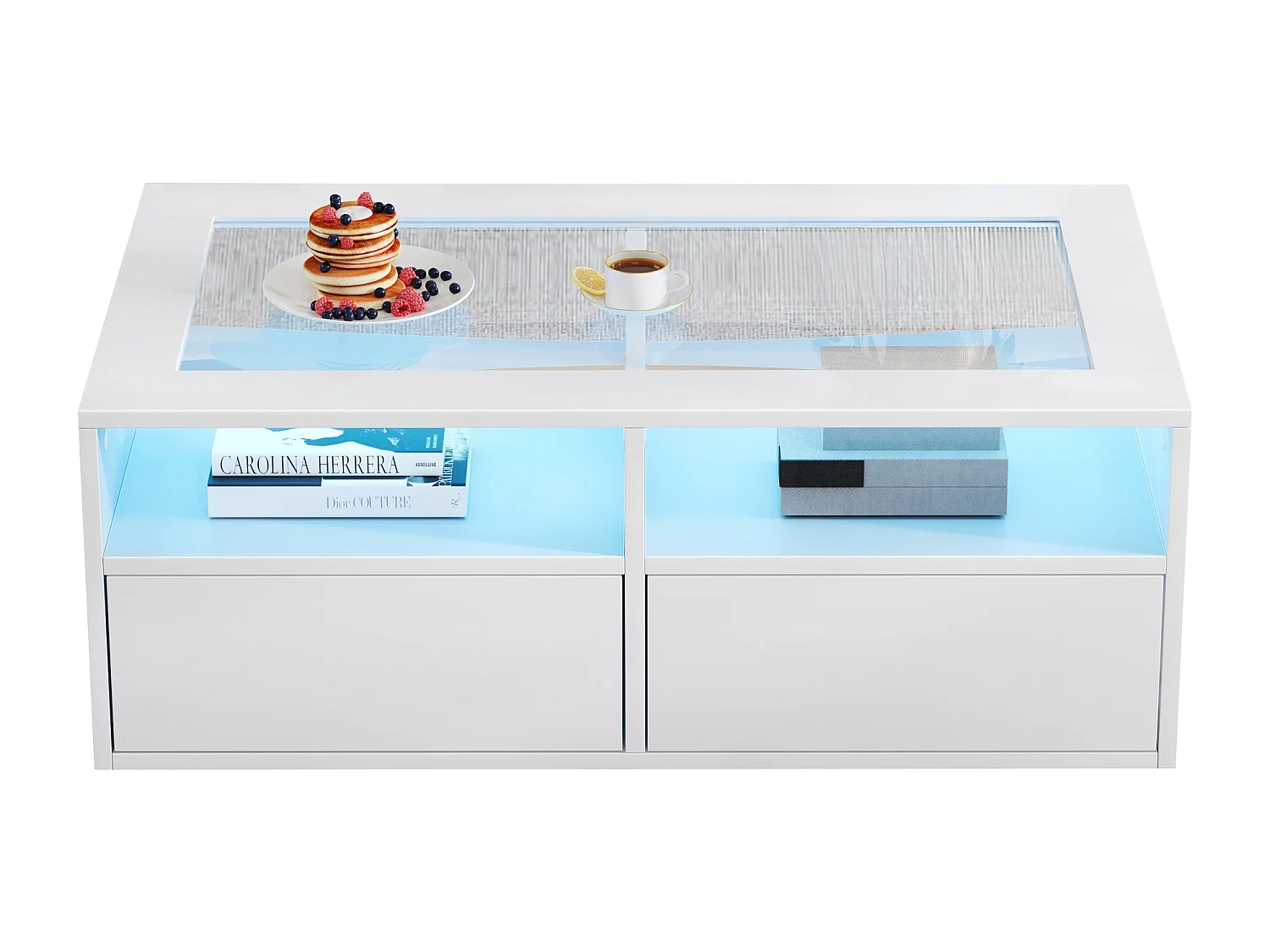 Table basse 100x50x35cm - avec éclairage LED - 2 tiroirs - Plateau en verre - Rangement ouvert - Blanc