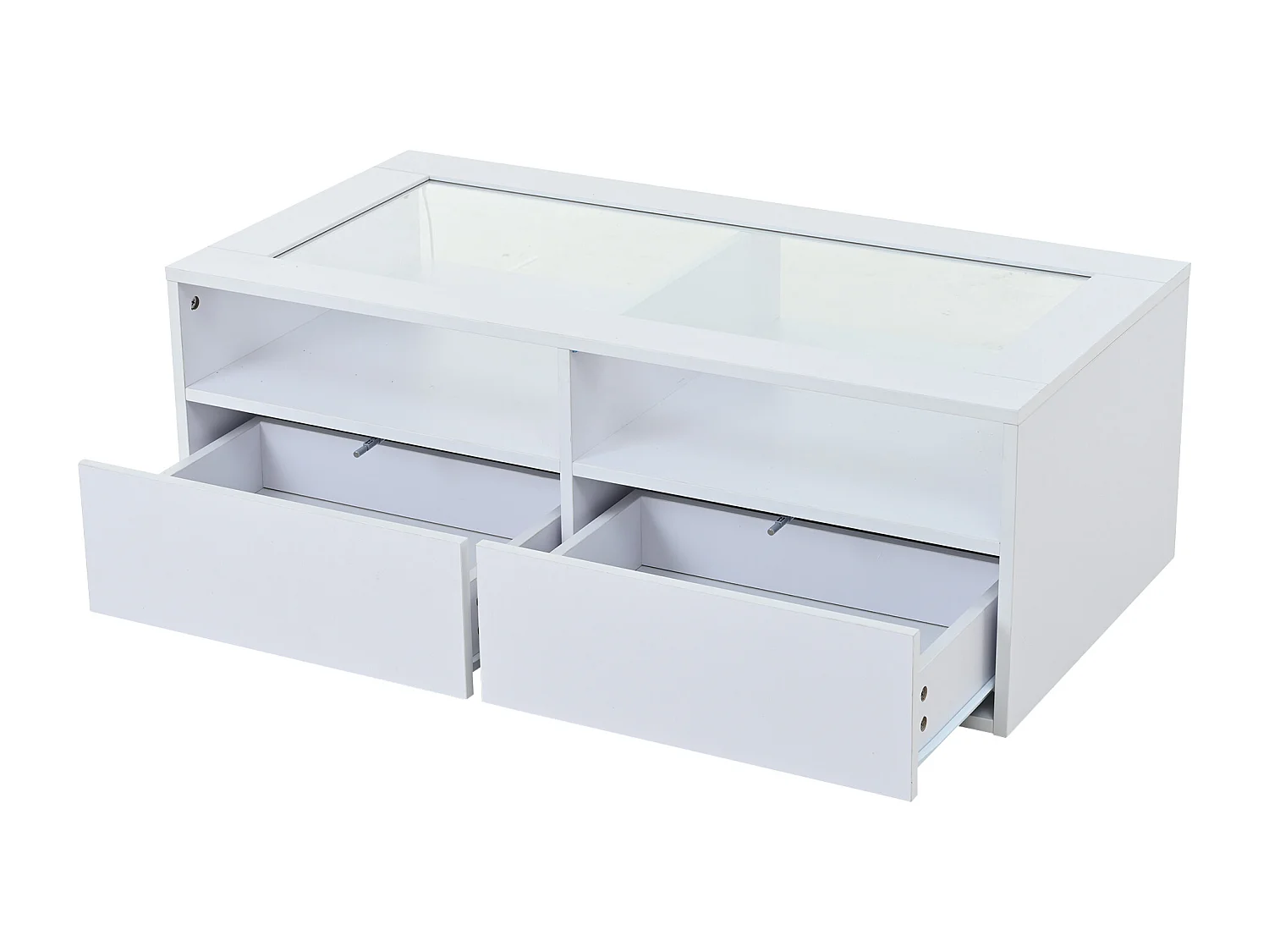 Table basse 100x50x35cm - avec éclairage LED - 2 tiroirs - Plateau en verre - Rangement ouvert - Blanc