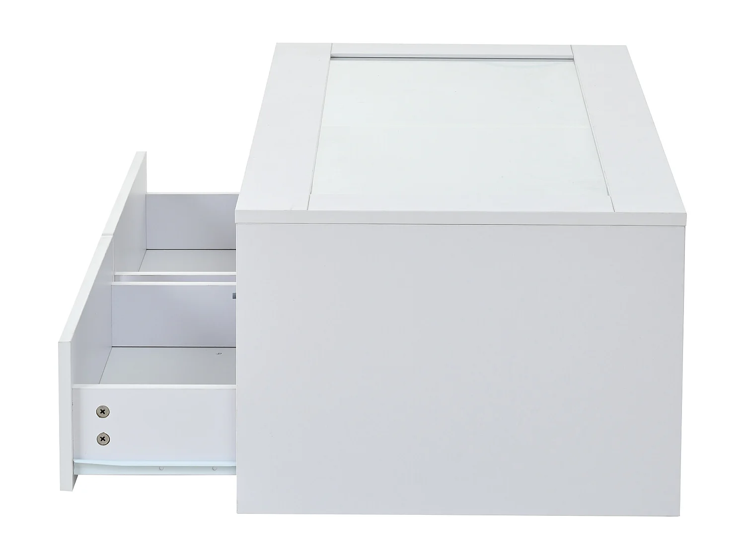 Table basse 100x50x35cm - avec éclairage LED - 2 tiroirs - Plateau en verre - Rangement ouvert - Blanc