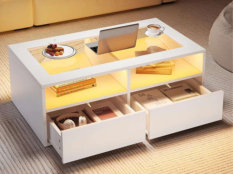 Table basse 100x50x35cm - avec éclairage LED - 2 tiroirs - Plateau en verre - Rangement ouvert - Blanc