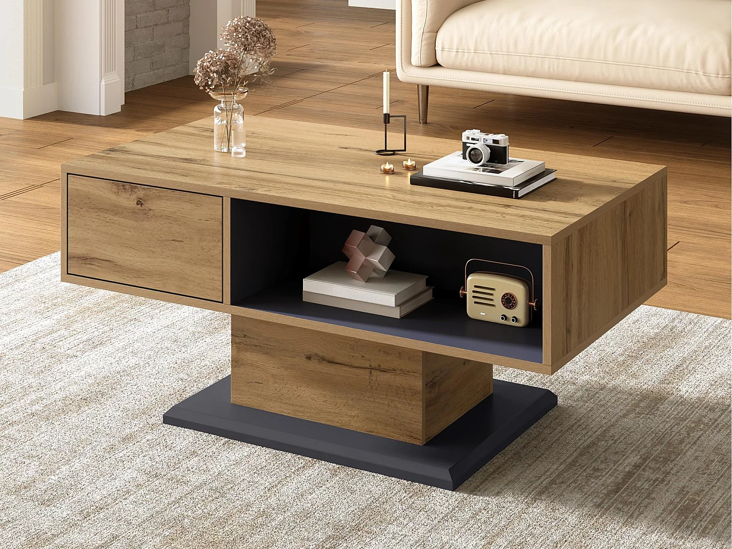 Moderne Couchtisch 100x50x46,5 cm - Offene Ablagefächer - Spanplatten - Natur