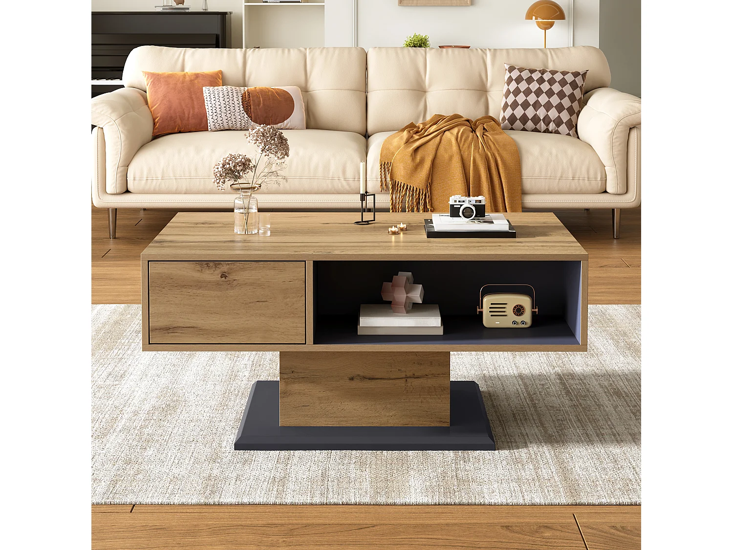 Moderne Couchtisch 100x50x46,5 cm - Offene Ablagefächer - Spanplatten - Natur