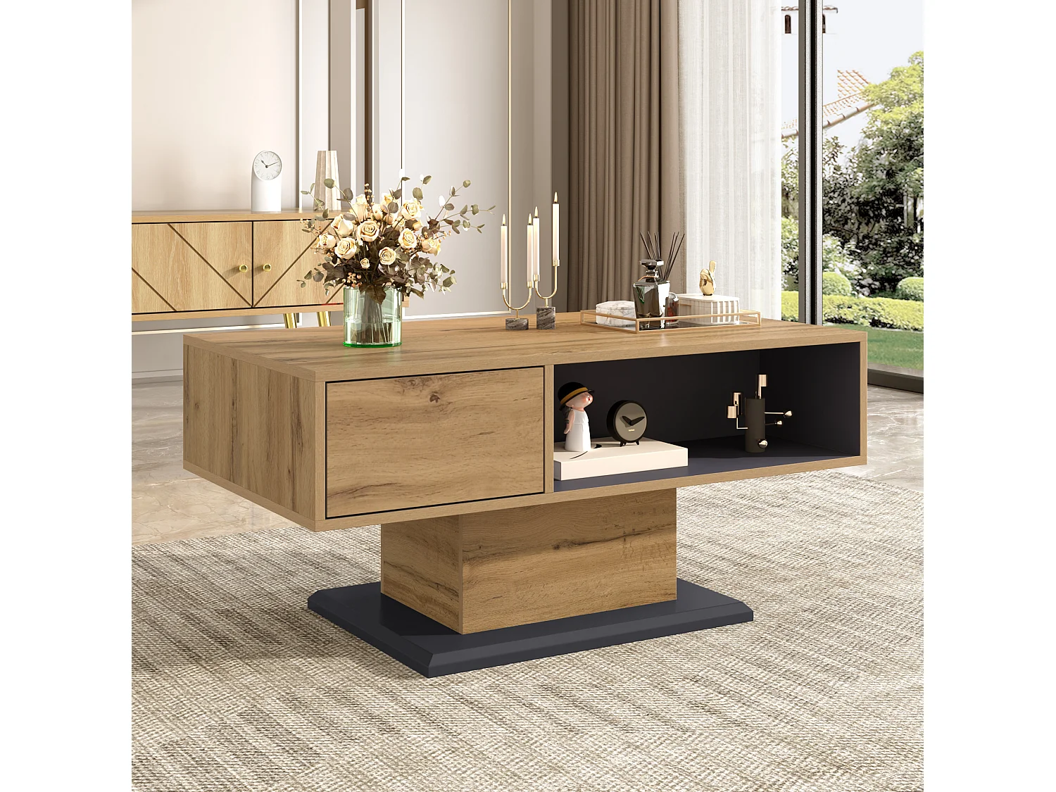 Moderne Couchtisch 100x50x46,5 cm - Offene Ablagefächer - Spanplatten - Natur