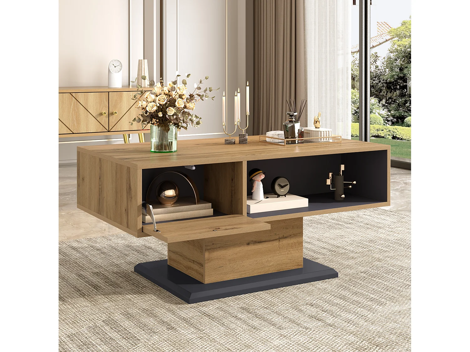 Moderne Couchtisch 100x50x46,5 cm - Offene Ablagefächer - Spanplatten - Natur