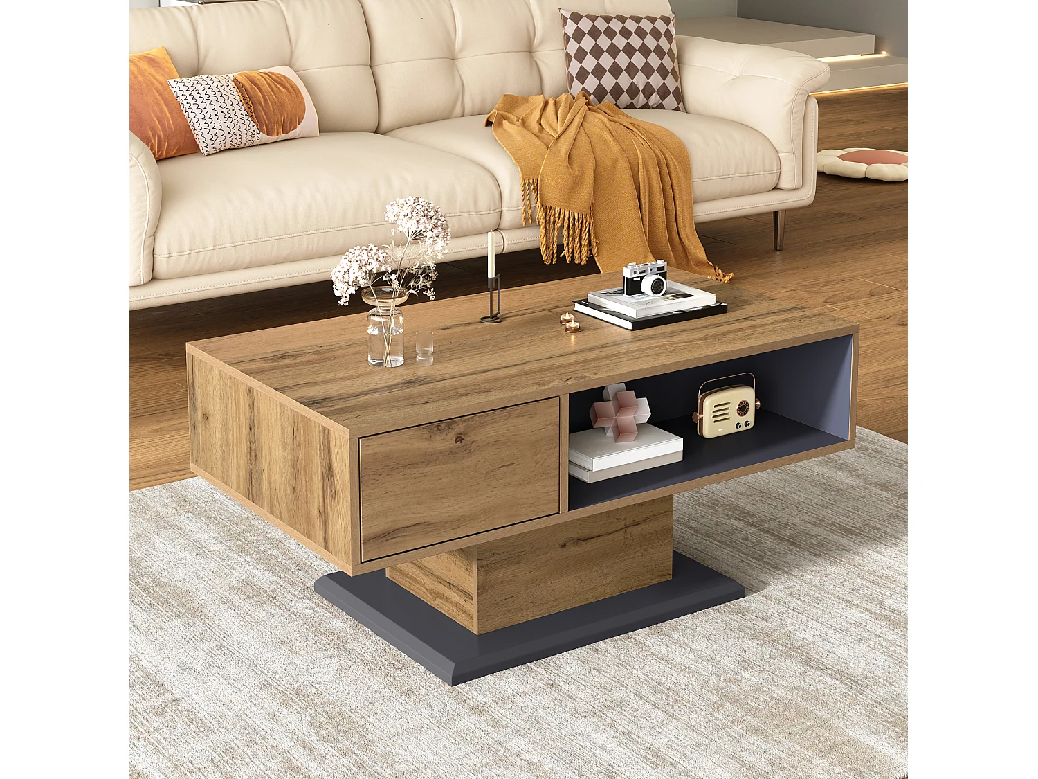 Tavolino da salotto moderno 100x50x46,5 cm - Ripiani aperti - Pannelli di particelle - Naturale