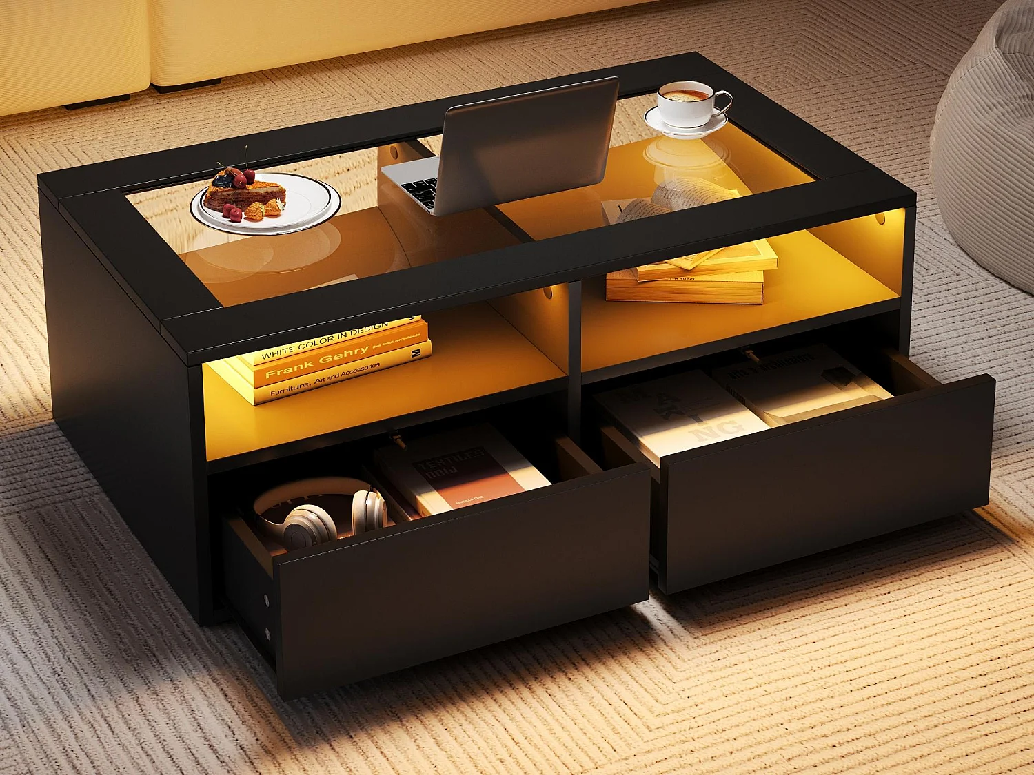 Table basse 100x50x35cm - avec éclairage LED - 2 tiroirs - Plateau en verre - Rangement ouvert - Noir