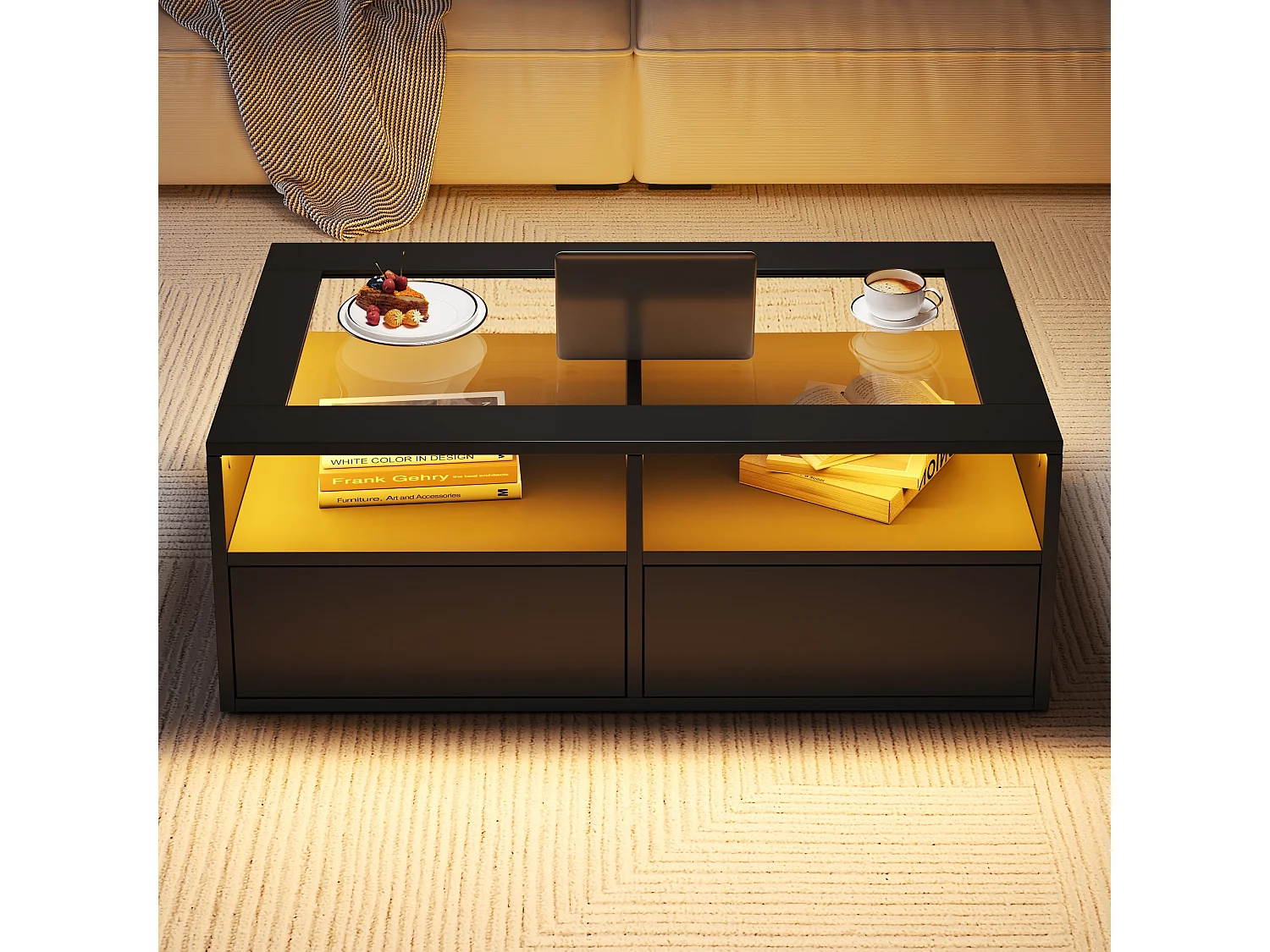 Table basse 100x50x35cm - avec éclairage LED - 2 tiroirs - Plateau en verre - Rangement ouvert - Noir
