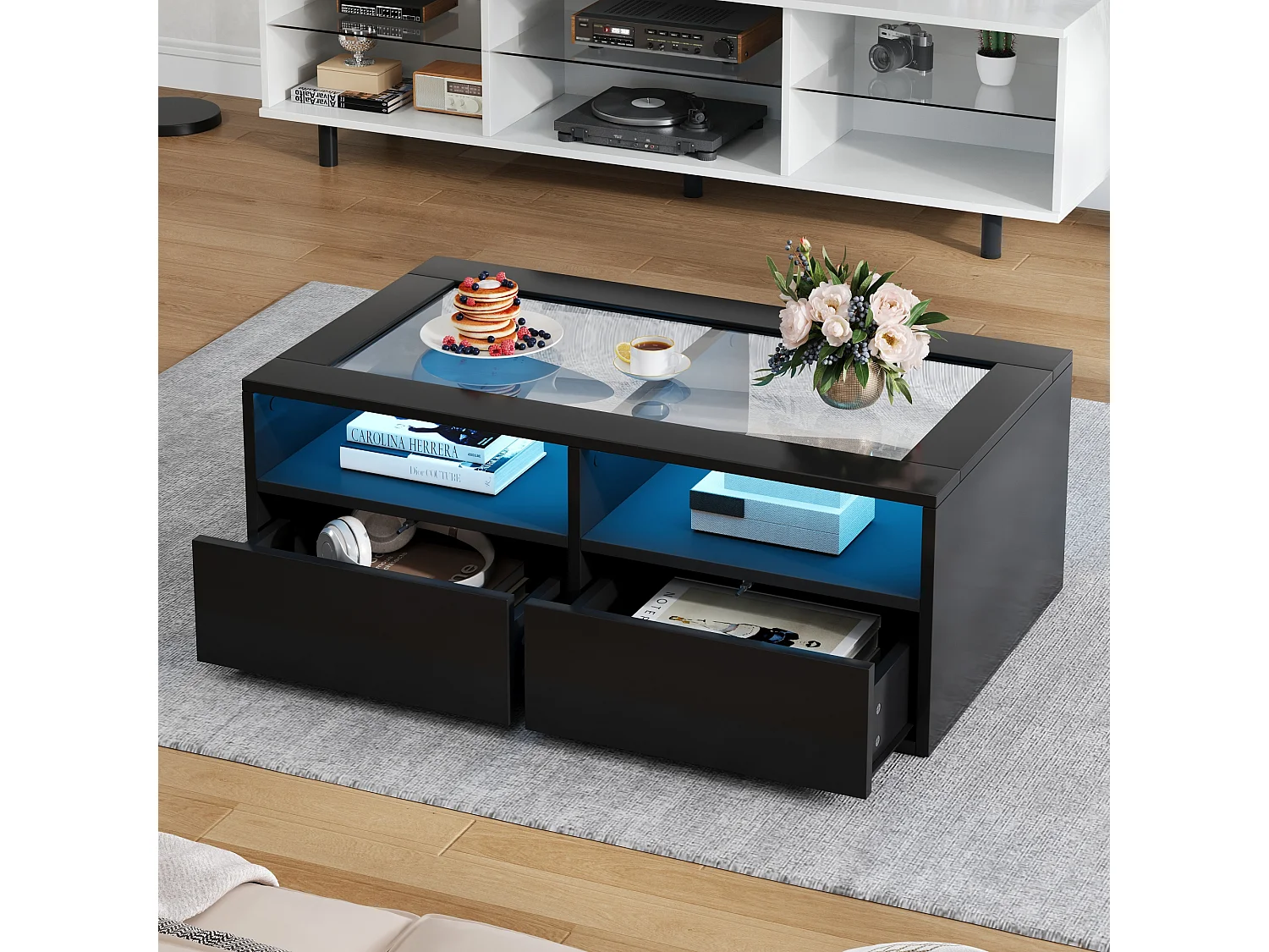 Table basse 100x50x35cm - avec éclairage LED - 2 tiroirs - Plateau en verre - Rangement ouvert - Noir