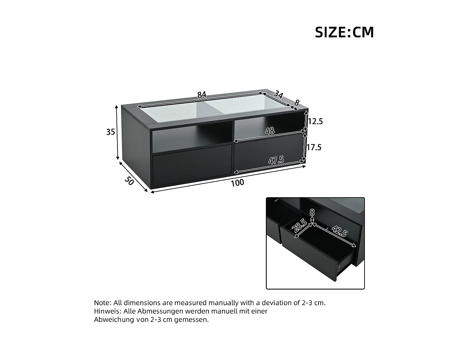 Table basse 100x50x35cm - avec éclairage LED - 2 tiroirs - Plateau en verre - Rangement ouvert - Noir