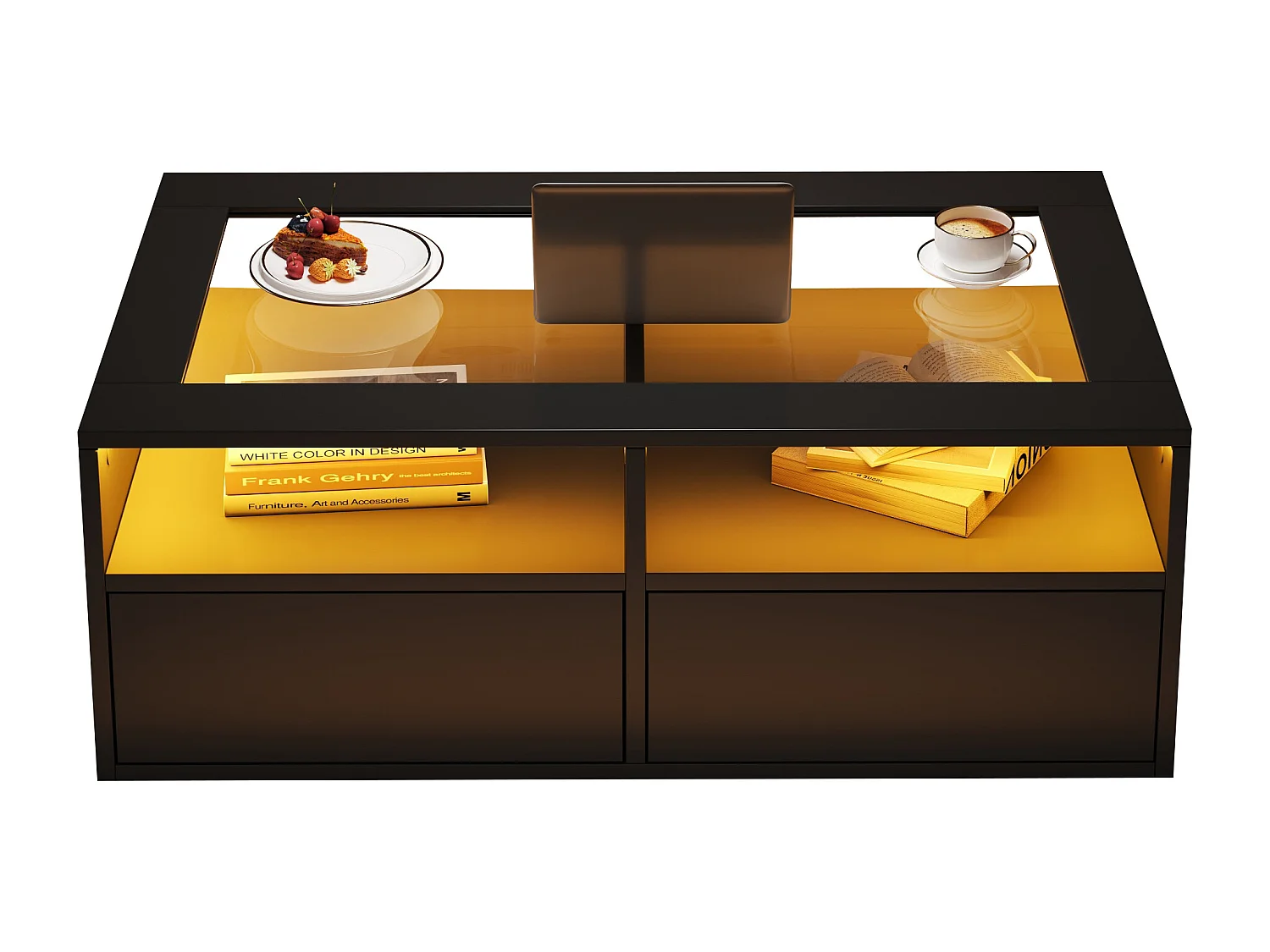 Table basse 100x50x35cm - avec éclairage LED - 2 tiroirs - Plateau en verre - Rangement ouvert - Noir