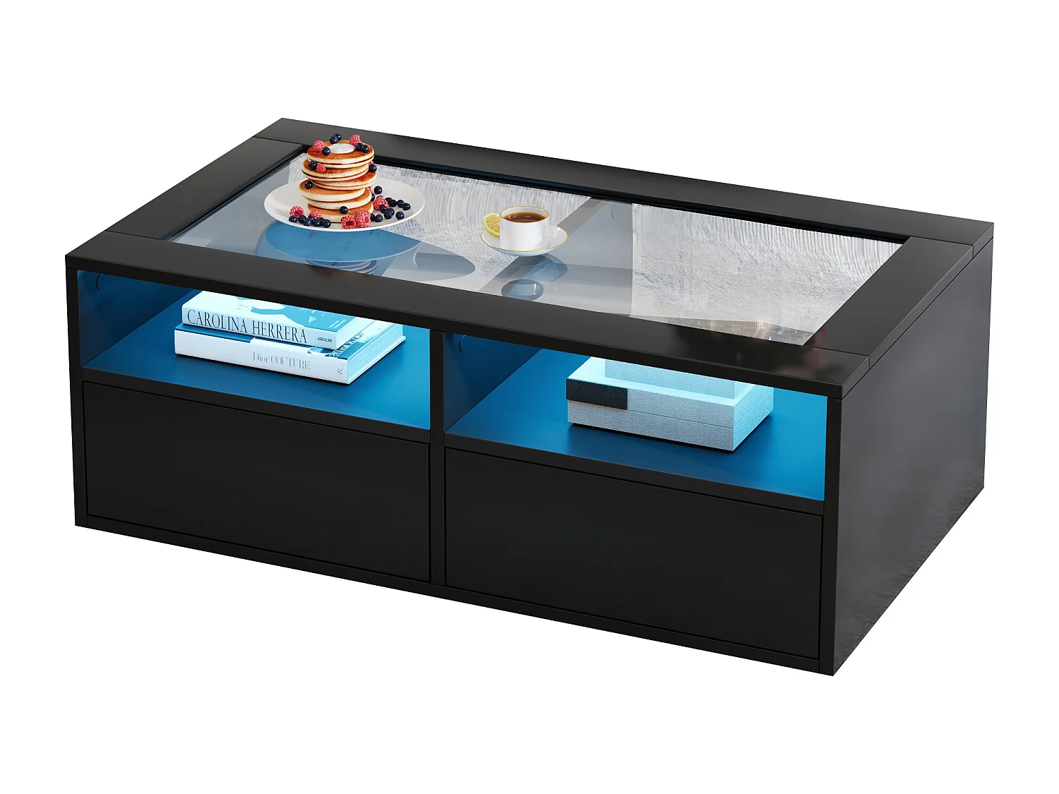 Table basse 100x50x35cm - avec éclairage LED - 2 tiroirs - Plateau en verre - Rangement ouvert - Noir