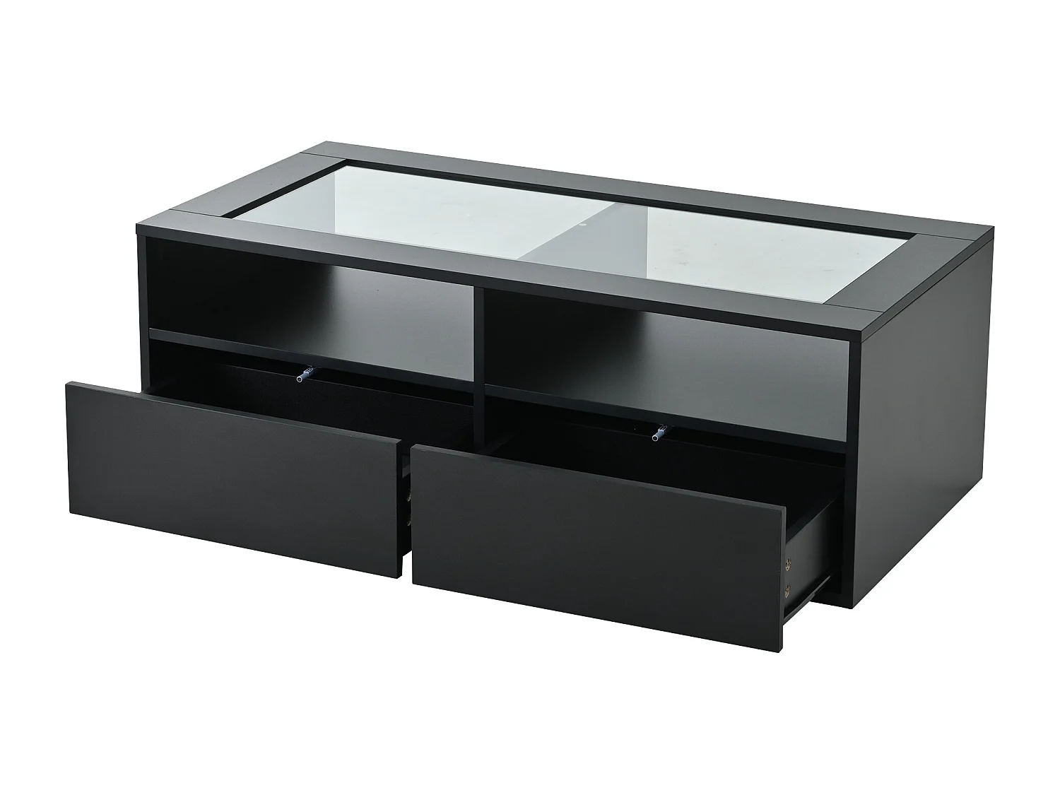 Table basse 100x50x35cm - avec éclairage LED - 2 tiroirs - Plateau en verre - Rangement ouvert - Noir