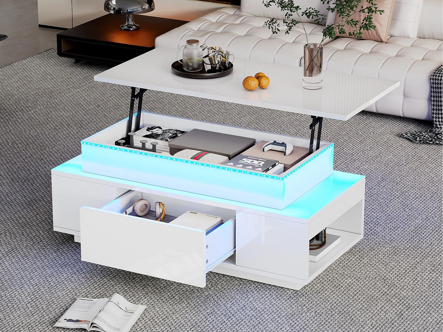 Table basse relevable 96x45x40cm - avec éclairage LED - avec 1 tiroir - Finition laquée brillante - Blanc
