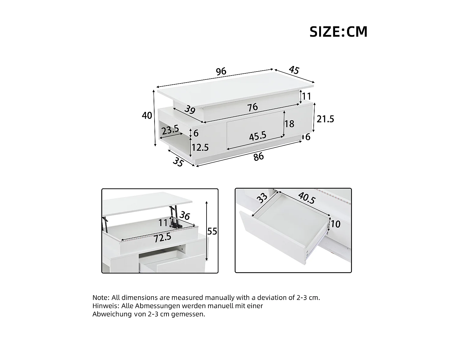 Table basse relevable 96x45x40cm - avec éclairage LED - avec 1 tiroir - Finition laquée brillante - Blanc