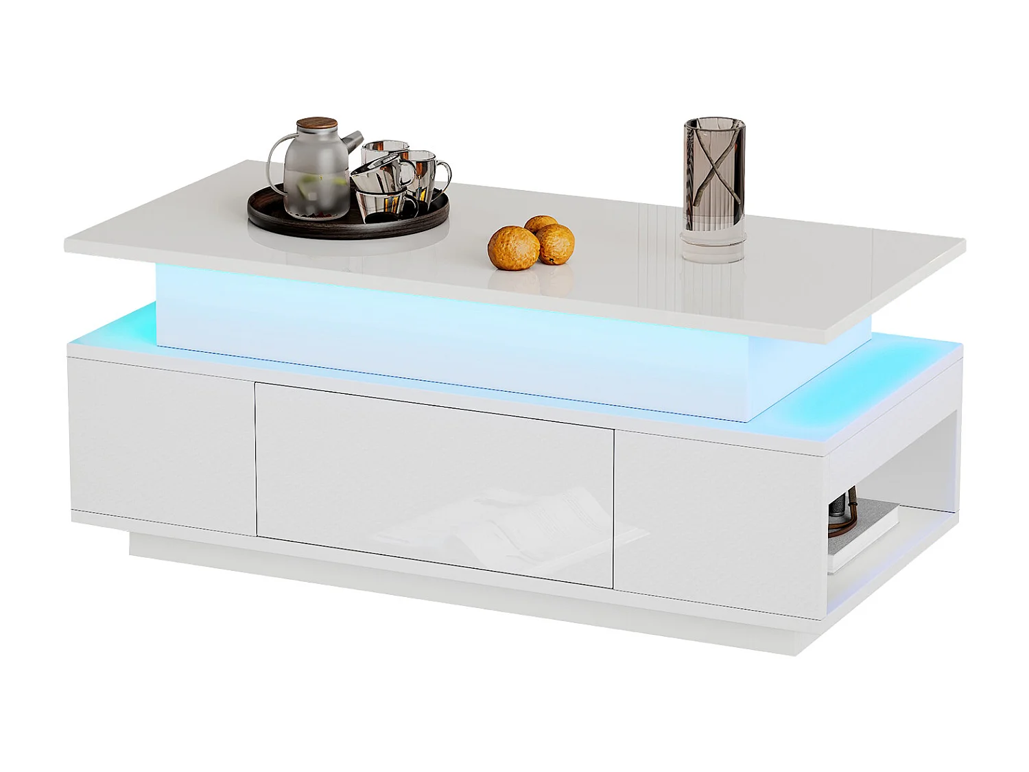 Table basse relevable 96x45x40cm - avec éclairage LED - avec 1 tiroir - Finition laquée brillante - Blanc