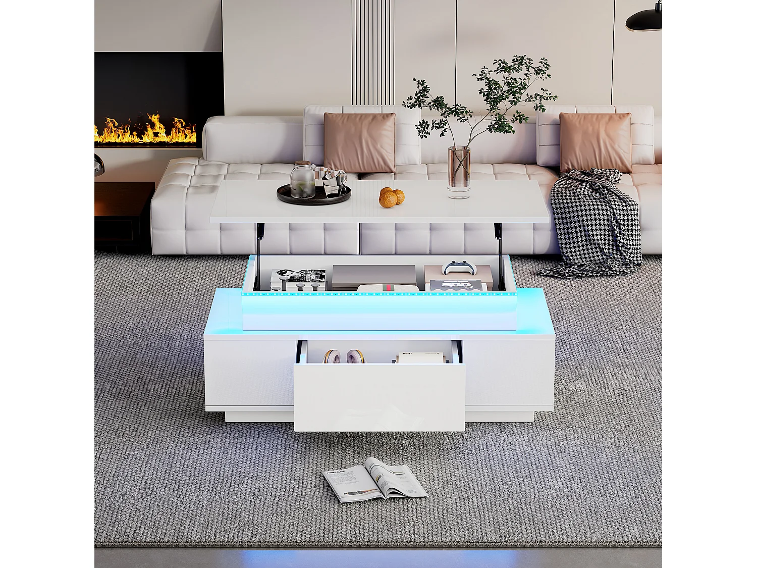 Tavolino da salotto sollevabile 96x45x40cm - con illuminazione LED - con 1 cassetto - Finitura laccata brillante - Bianco