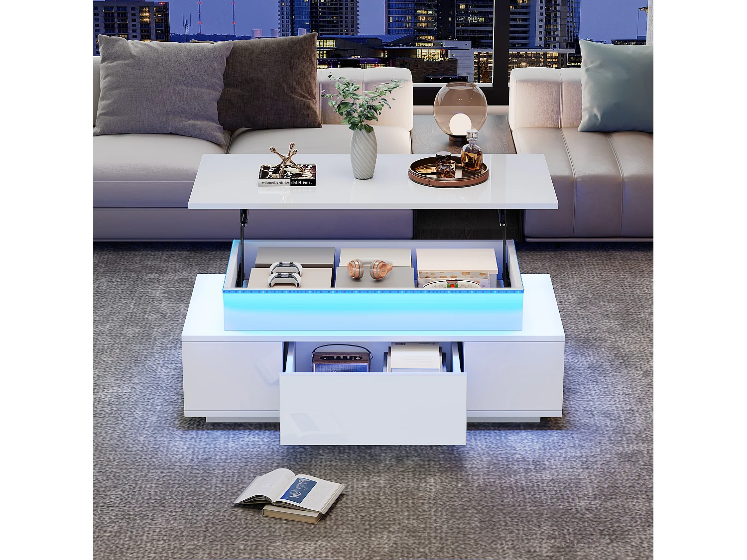 Tavolino da salotto sollevabile 96x45x40cm - con illuminazione LED - con 1 cassetto - Finitura laccata brillante - Bianco