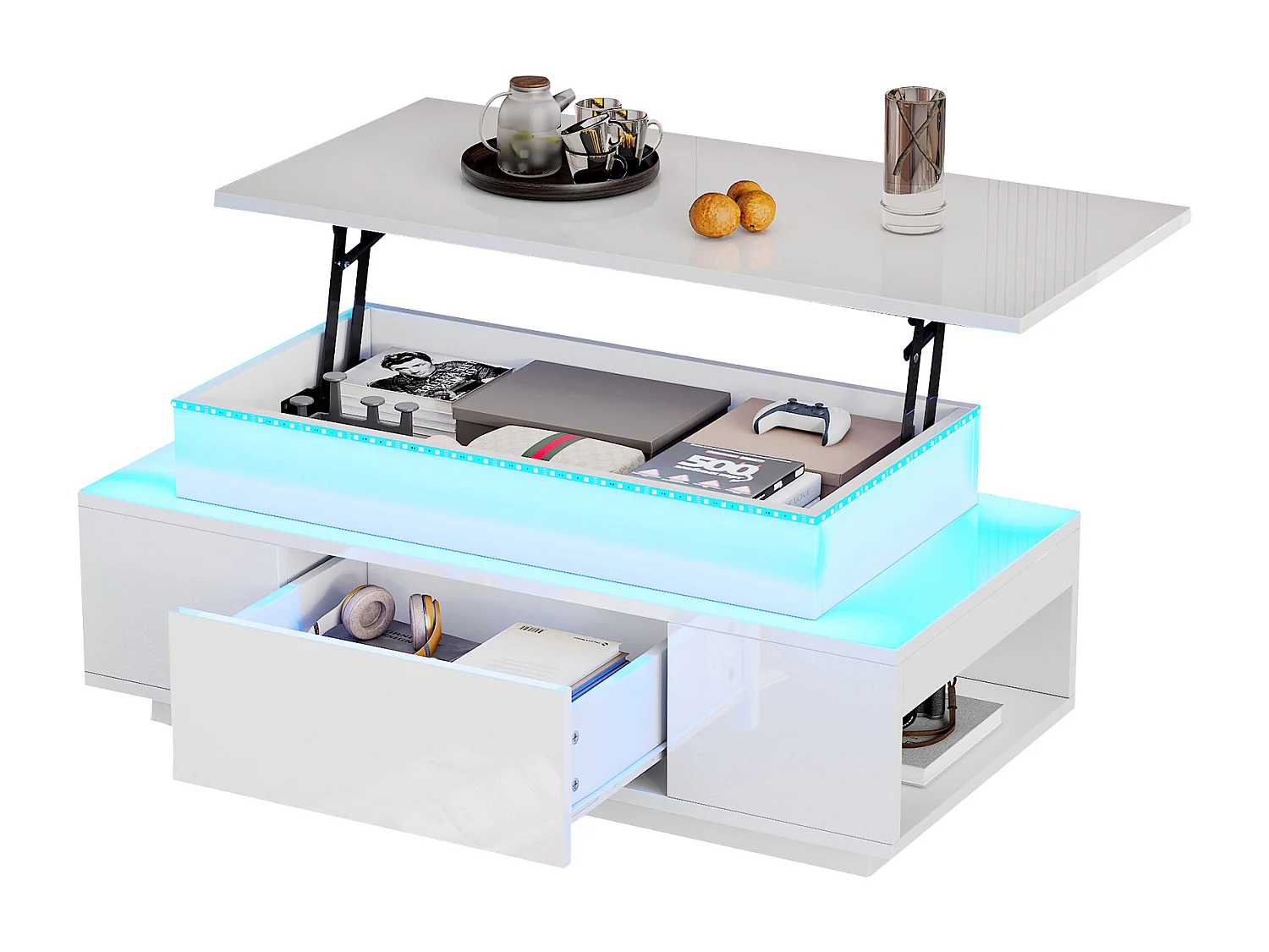 Tavolino da salotto sollevabile 96x45x40cm - con illuminazione LED - con 1 cassetto - Finitura laccata brillante - Bianco