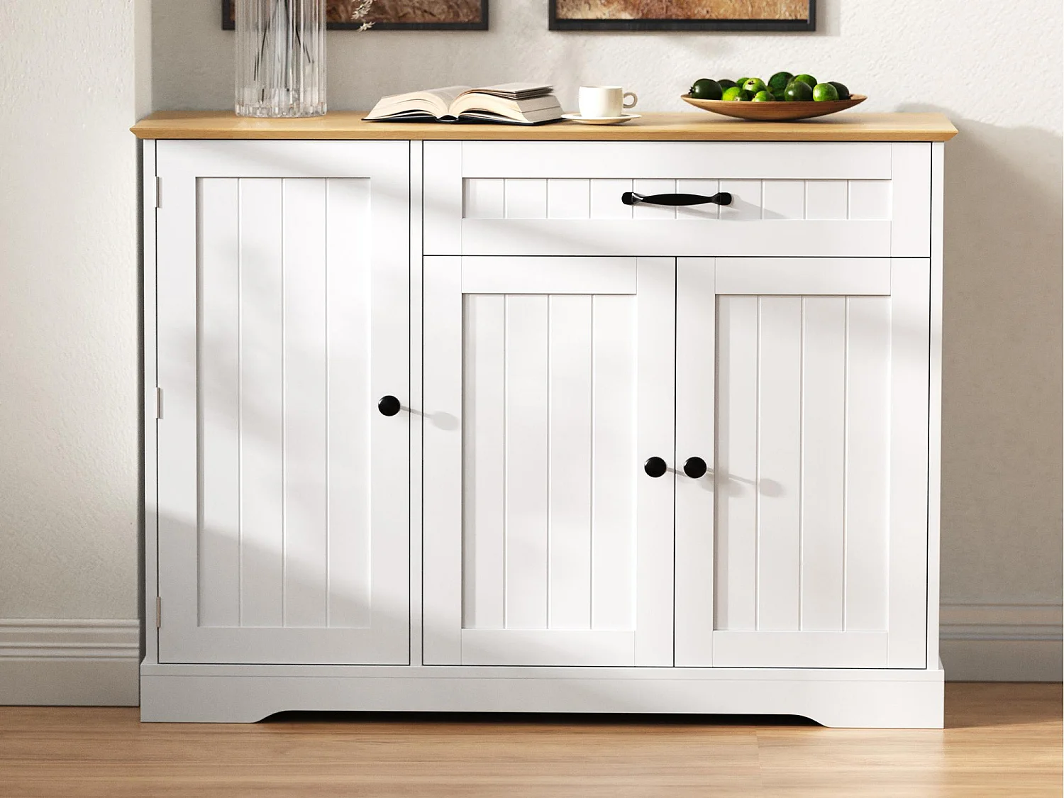 Buffet moderne 107x40x83.4cm - avec 3 portes et 1 tiroir - avec étagères réglables - Blanc + Naturel