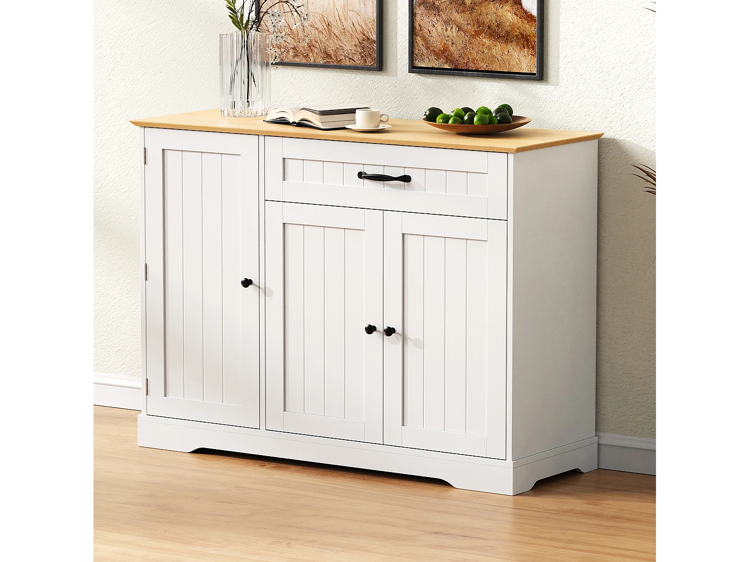 Buffet moderne 107x40x83.4cm - avec 3 portes et 1 tiroir - avec étagères réglables - Blanc + Naturel