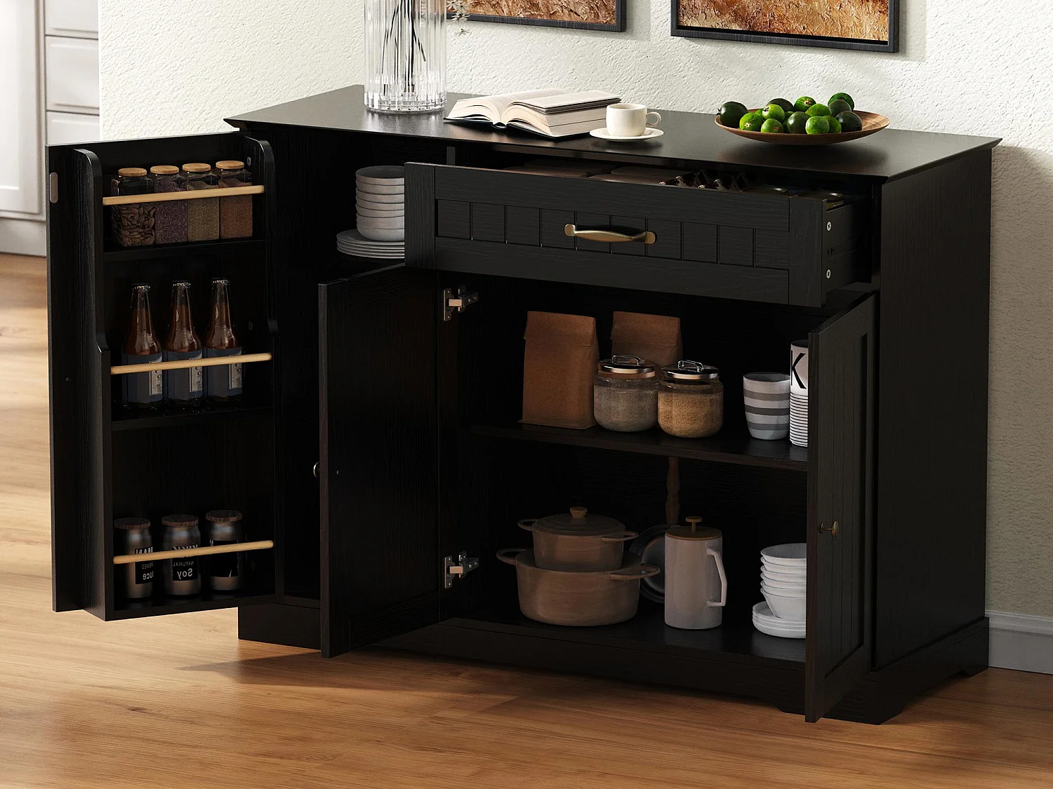 Modernes Sideboard 107x40x83.4cm - mit 3 Türen und 1 Schublade - mit höhenverstellbaren Einlegeböden - Schwarz