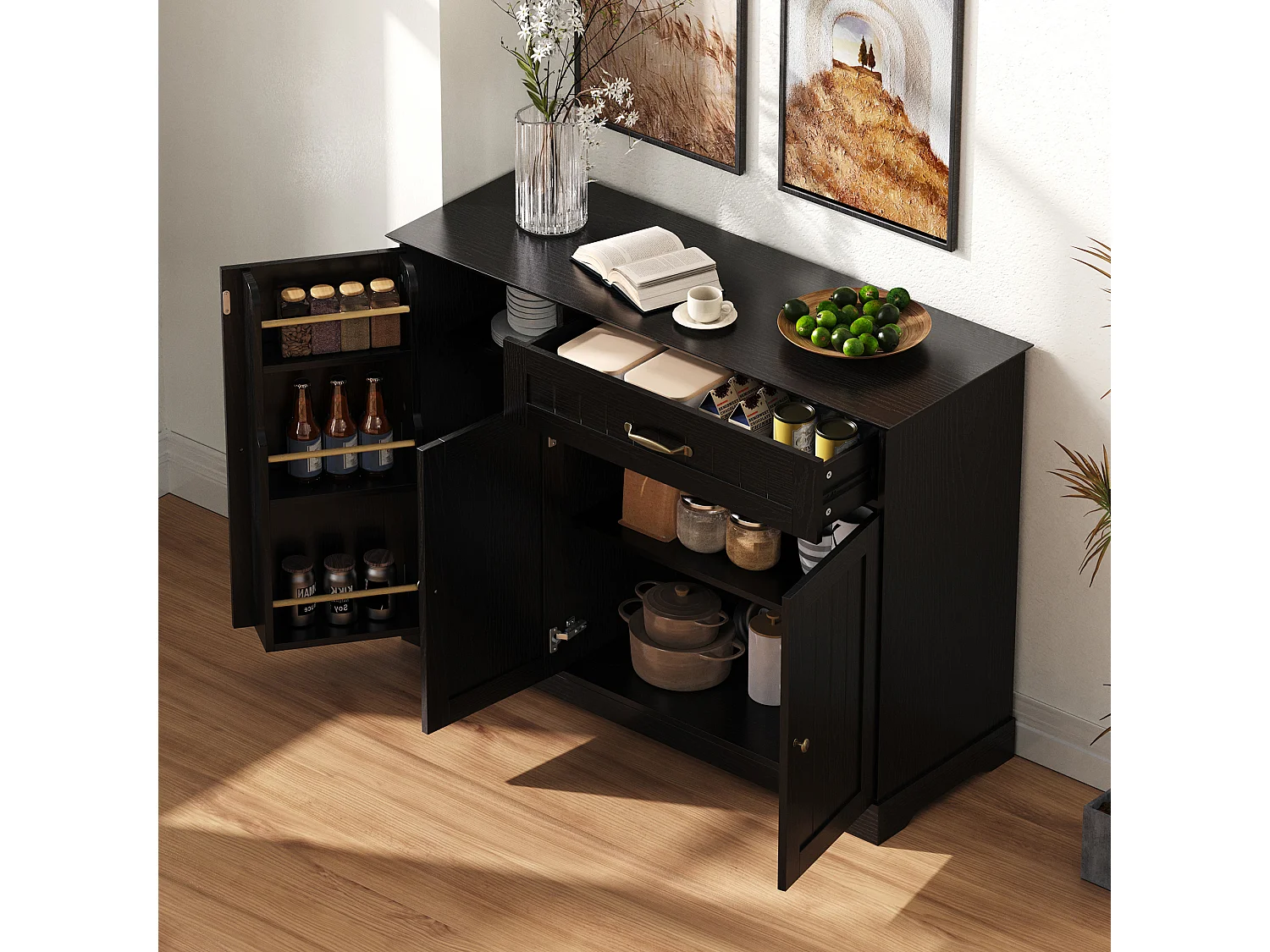 Modernes Sideboard 107x40x83.4cm - mit 3 Türen und 1 Schublade - mit höhenverstellbaren Einlegeböden - Schwarz