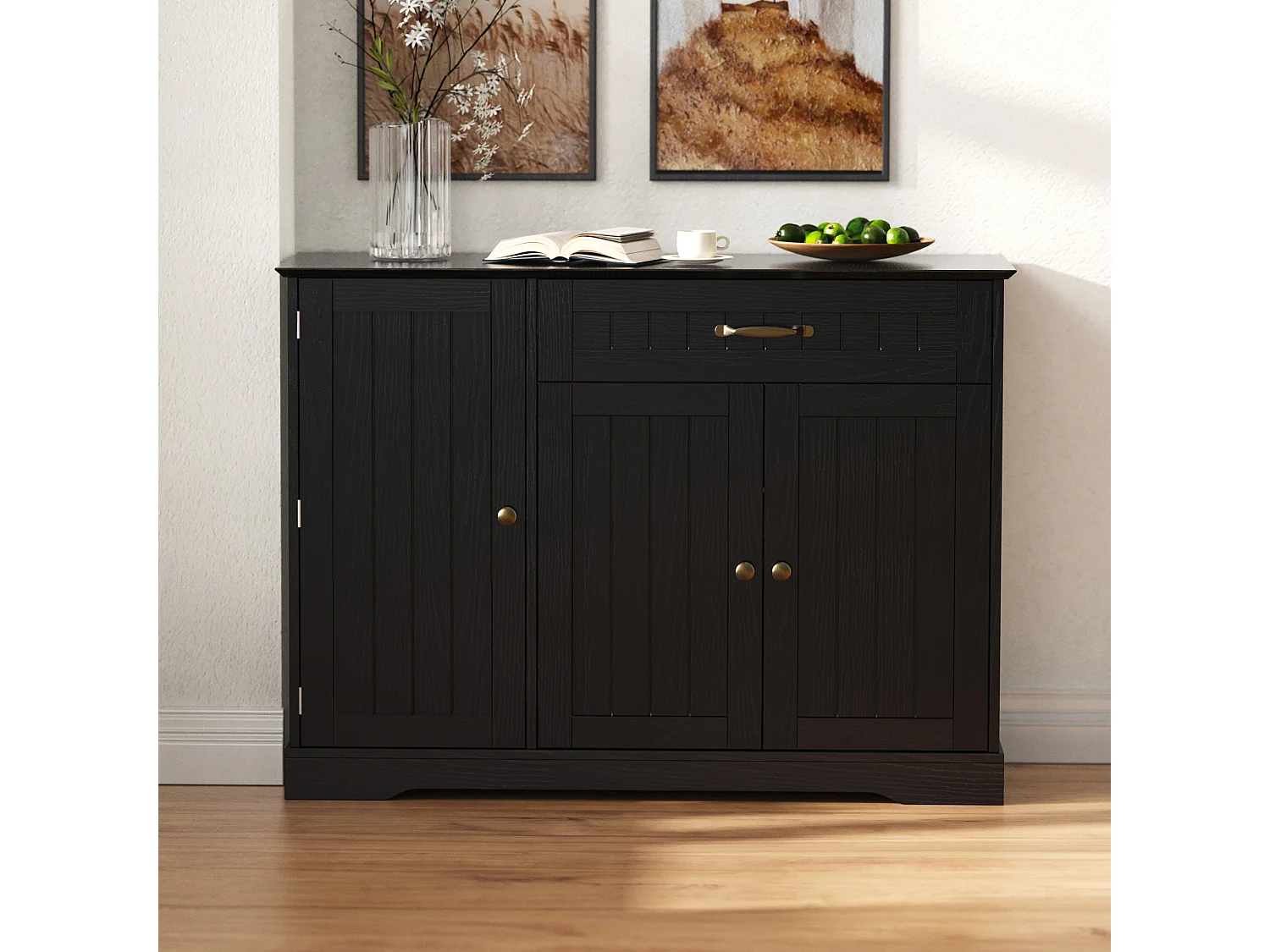 Modernes Sideboard 107x40x83.4cm - mit 3 Türen und 1 Schublade - mit höhenverstellbaren Einlegeböden - Schwarz