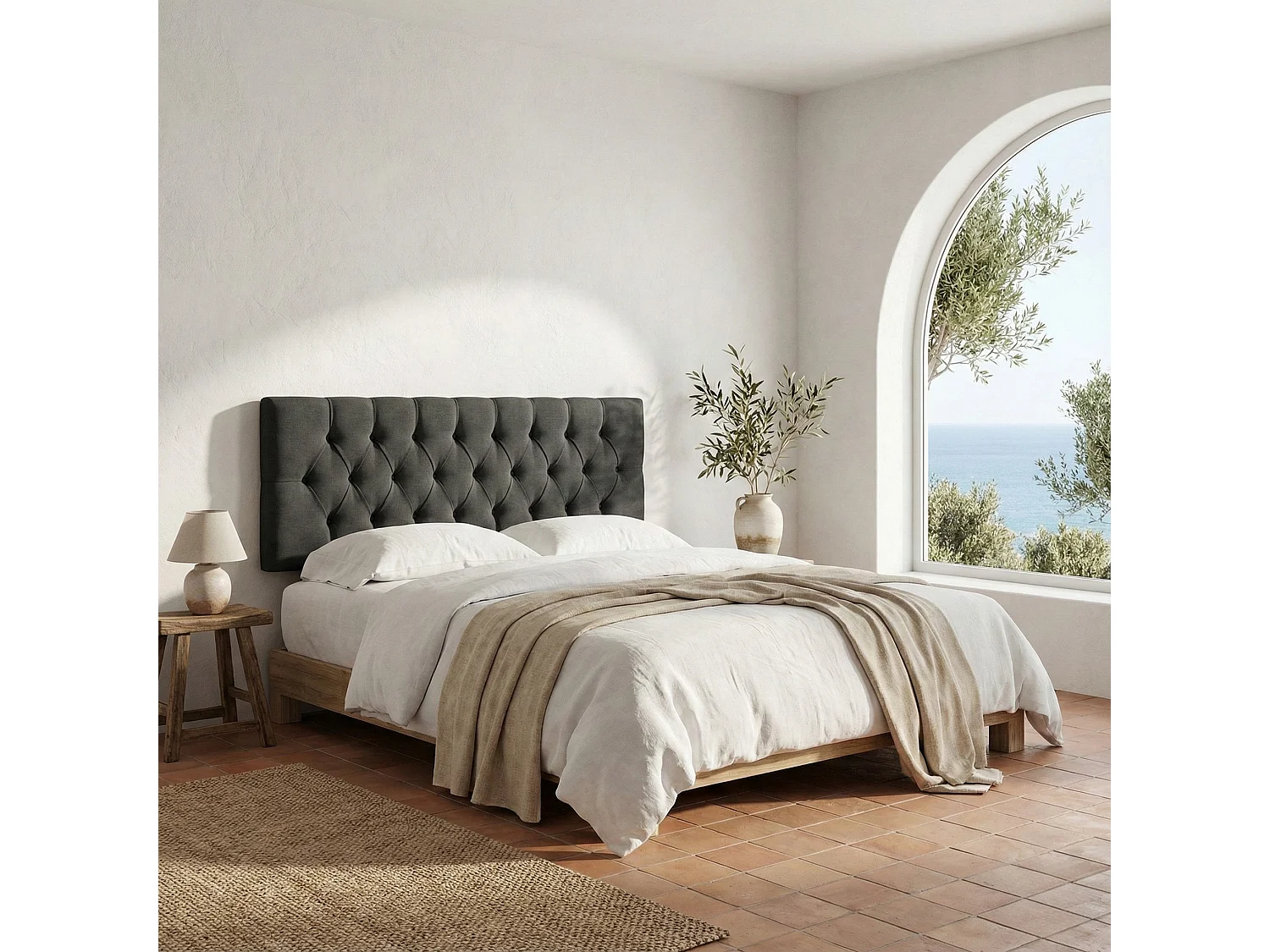 Cabecero tapizado Capy antracita tela antimanchas y estructura de madera de pino – 150x60 cm, para camas de 140 cm