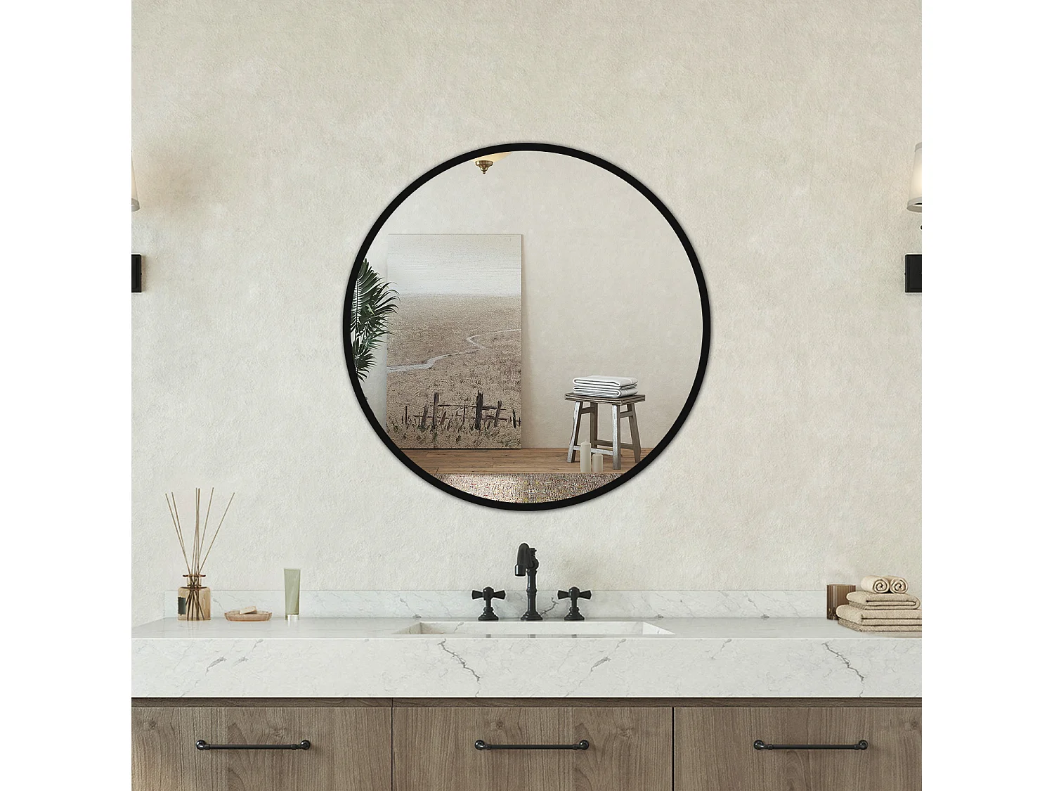 Specchio rotondo 50cm con cornice, adatto per soggiorno, camera da letto, bagno e molteplici scenari