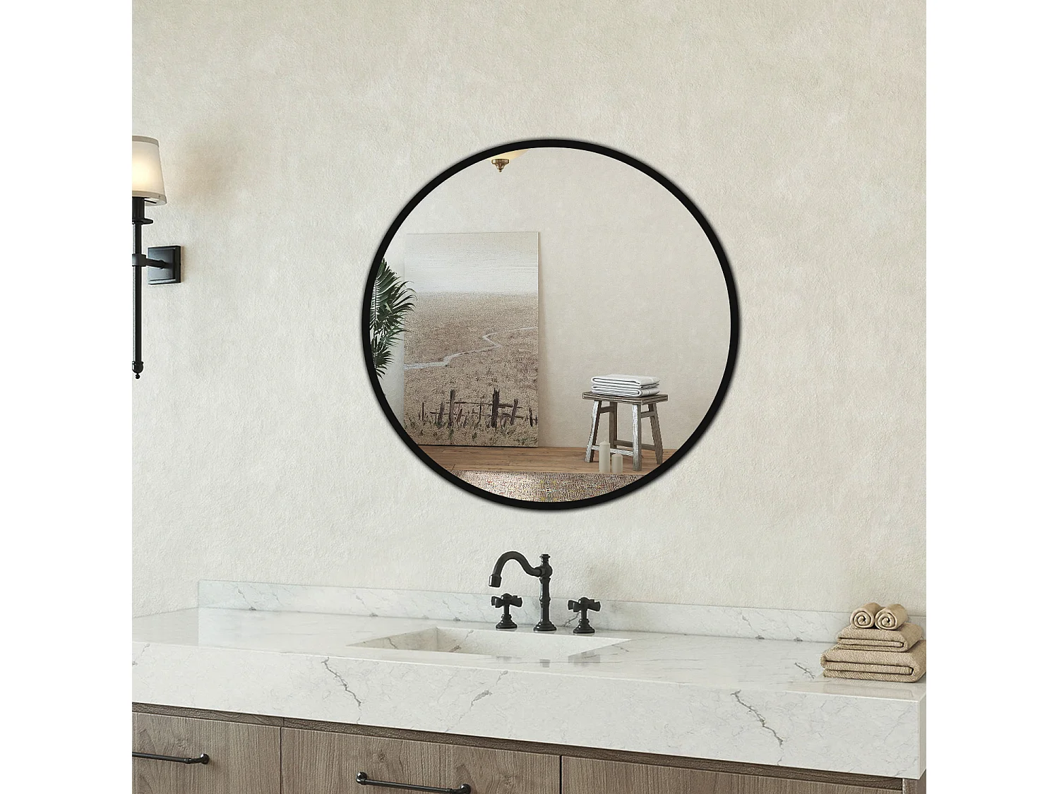 Specchio rotondo 70cm con cornice, adatto per soggiorno, camera da letto, bagno e molteplici scenari