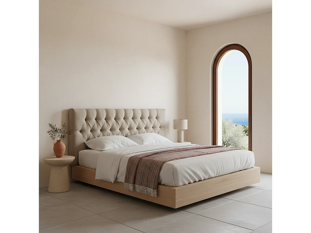 Tête de lit capitonnée Capy gris tissu anti-taches y structure en bois de pin – 145x60 cm, pour lits de 135 cm