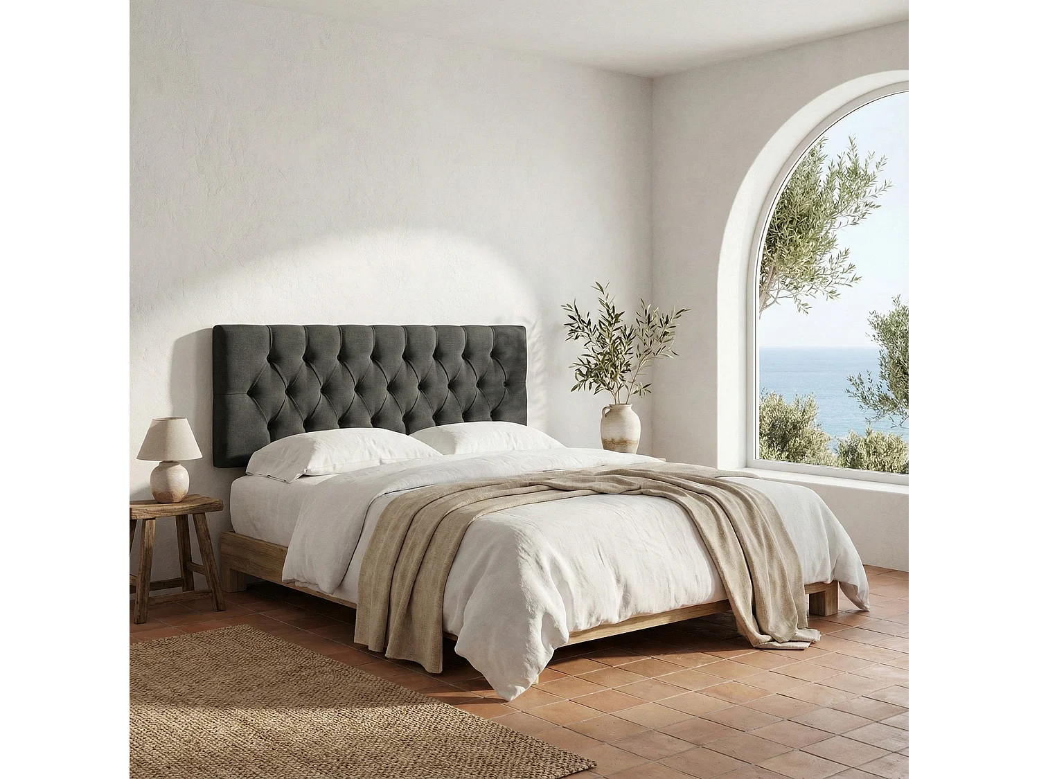 Cabecero tapizado Capy antracita tela antimanchas y estructura de madera de pino – 210x60 cm, para camas de 200 cm