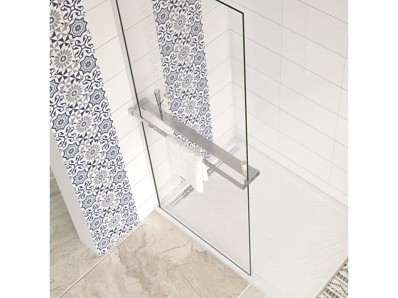 Mensola Doccia per Parete Doccia Walk in 80 cm Alluminio Cromo Lucido Porta-asciugamani Adattabile Vetro da 8 mm