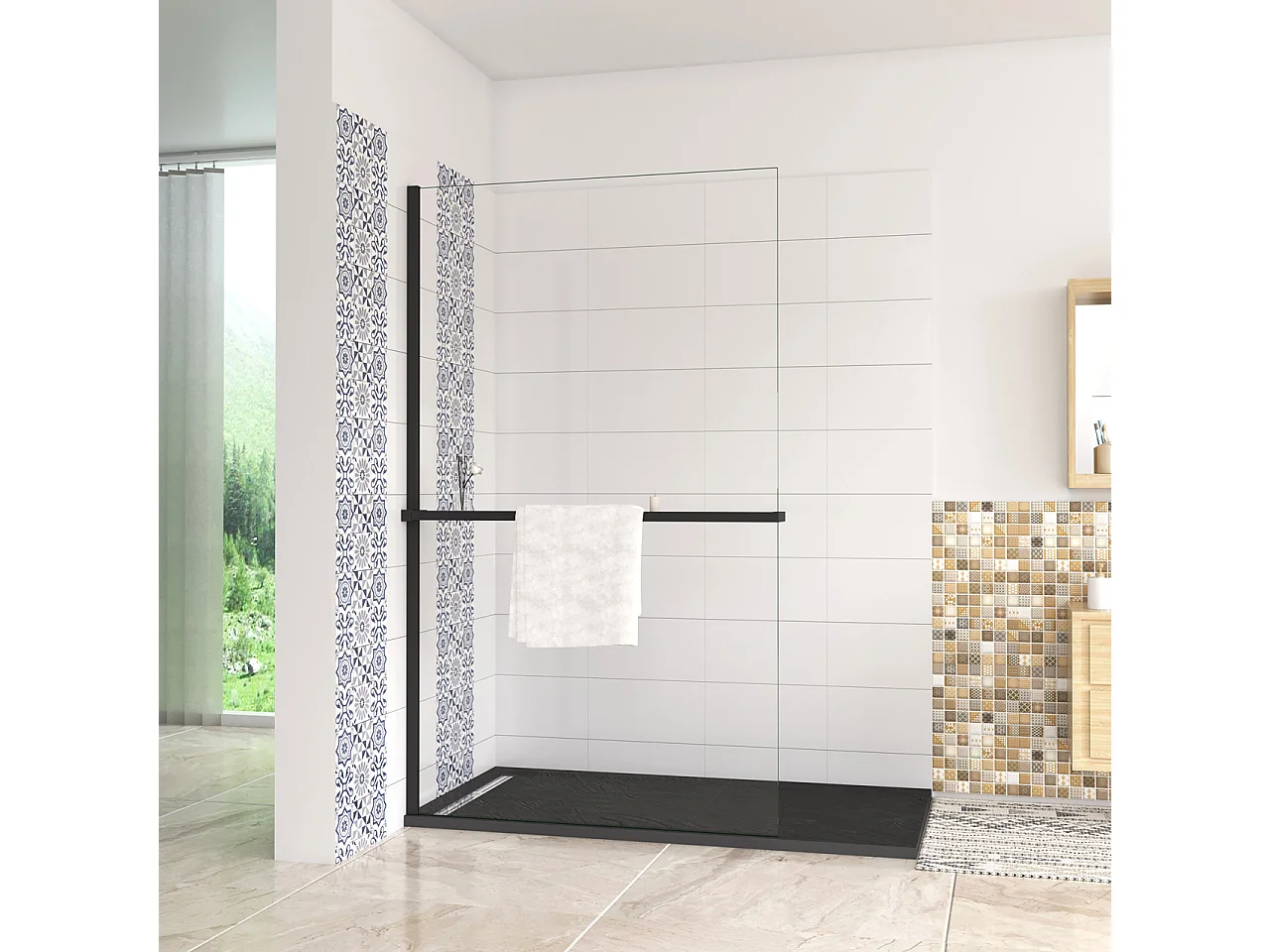 Mensola Doccia per Parete Doccia Walk in 80 cm Alluminio Nero Opaco Porta-asciugamani Adattabile Vetro da 8 mm