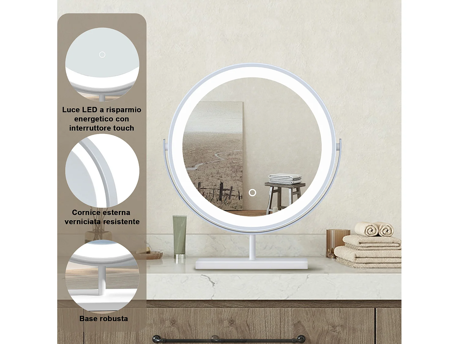 40x48cm Specchio da trucco a posizionamento statico LED + Touch Control + 3 temperature di colore regolabili