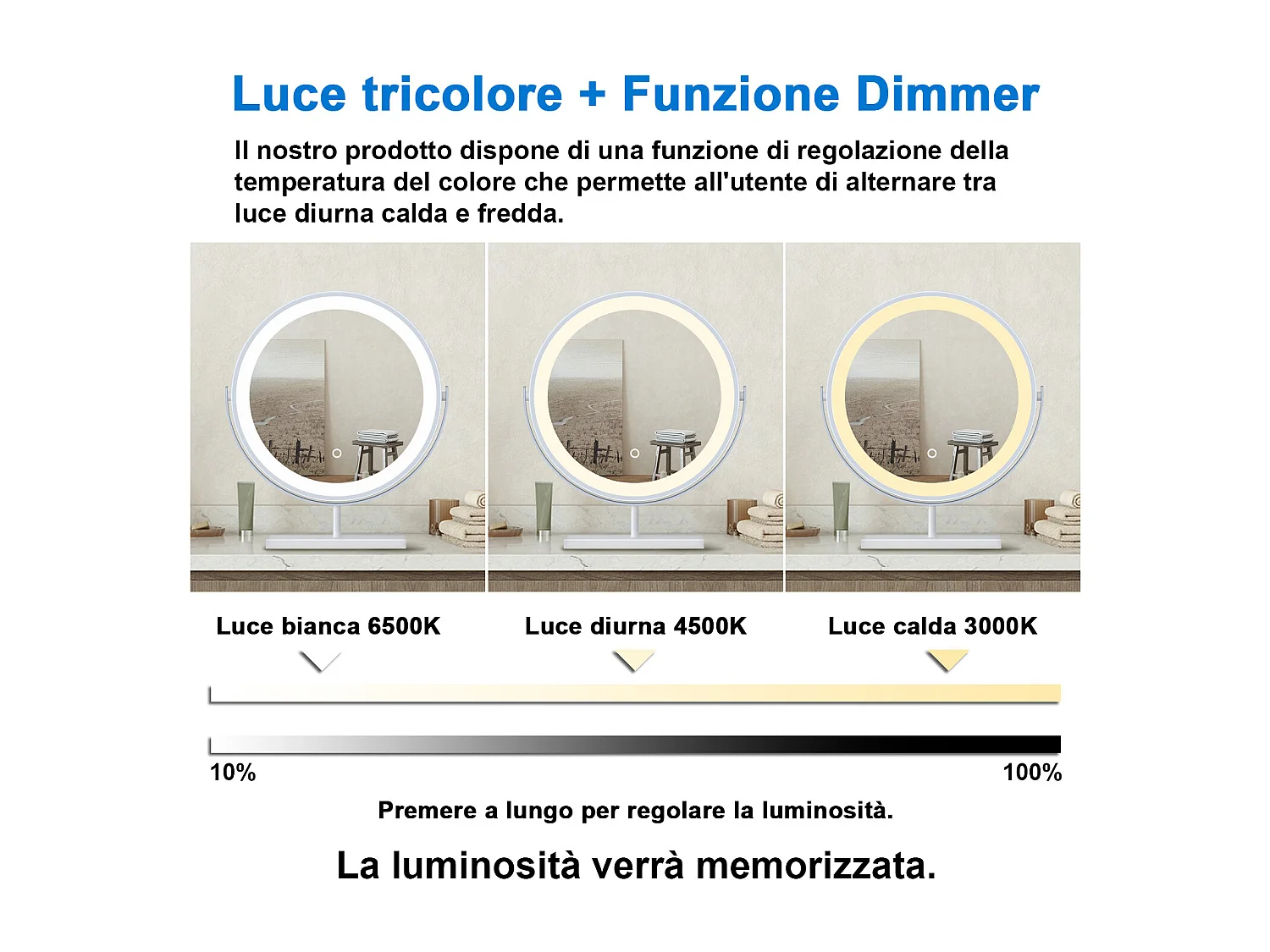40x48cm Specchio da trucco a posizionamento statico LED + Touch Control + 3 temperature di colore regolabili