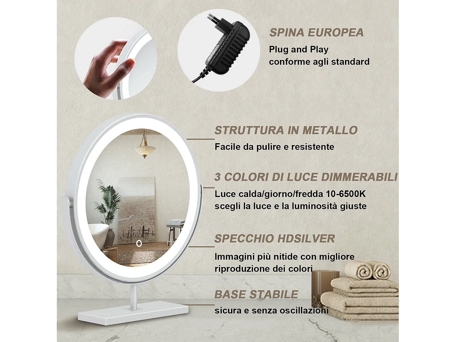 40x48cm Specchio da trucco a posizionamento statico LED + Touch Control + 3 temperature di colore regolabili