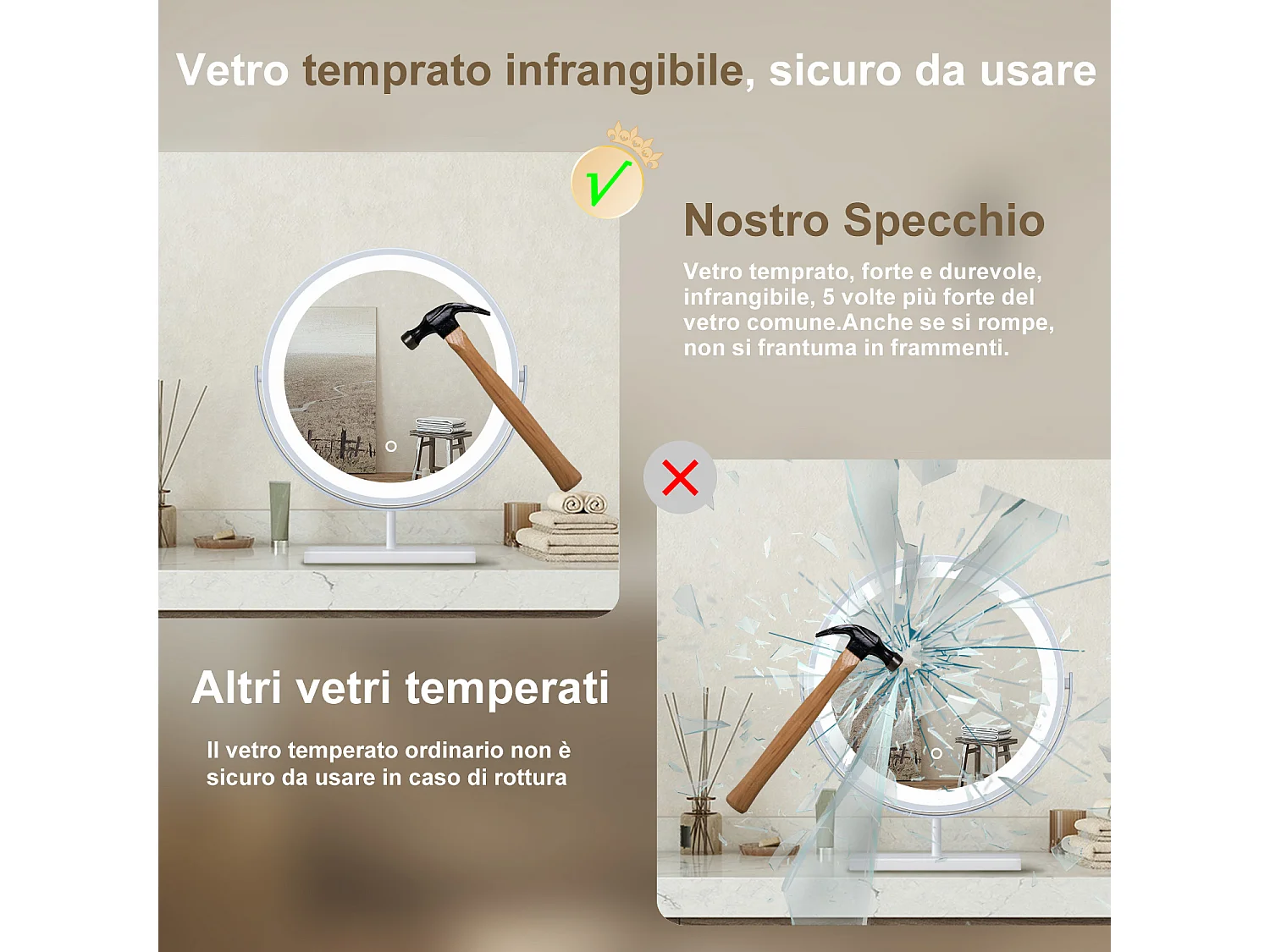 40x48cm Specchio da trucco a posizionamento statico LED + Touch Control + 3 temperature di colore regolabili