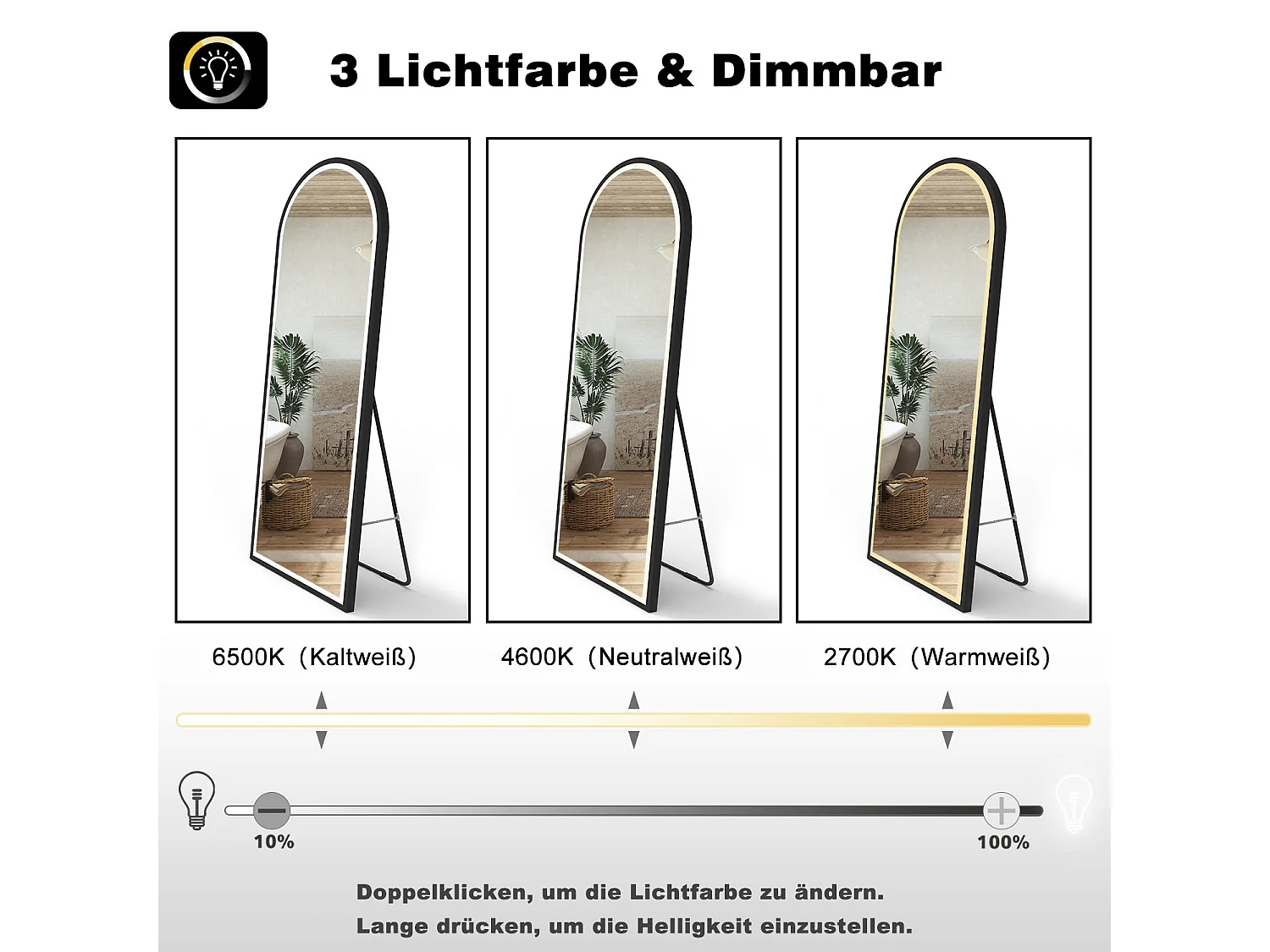 Specchio a corpo intero 160x60cm con LED, temperatura di colore regolabile, design moderno e adatto per svariate scenari.