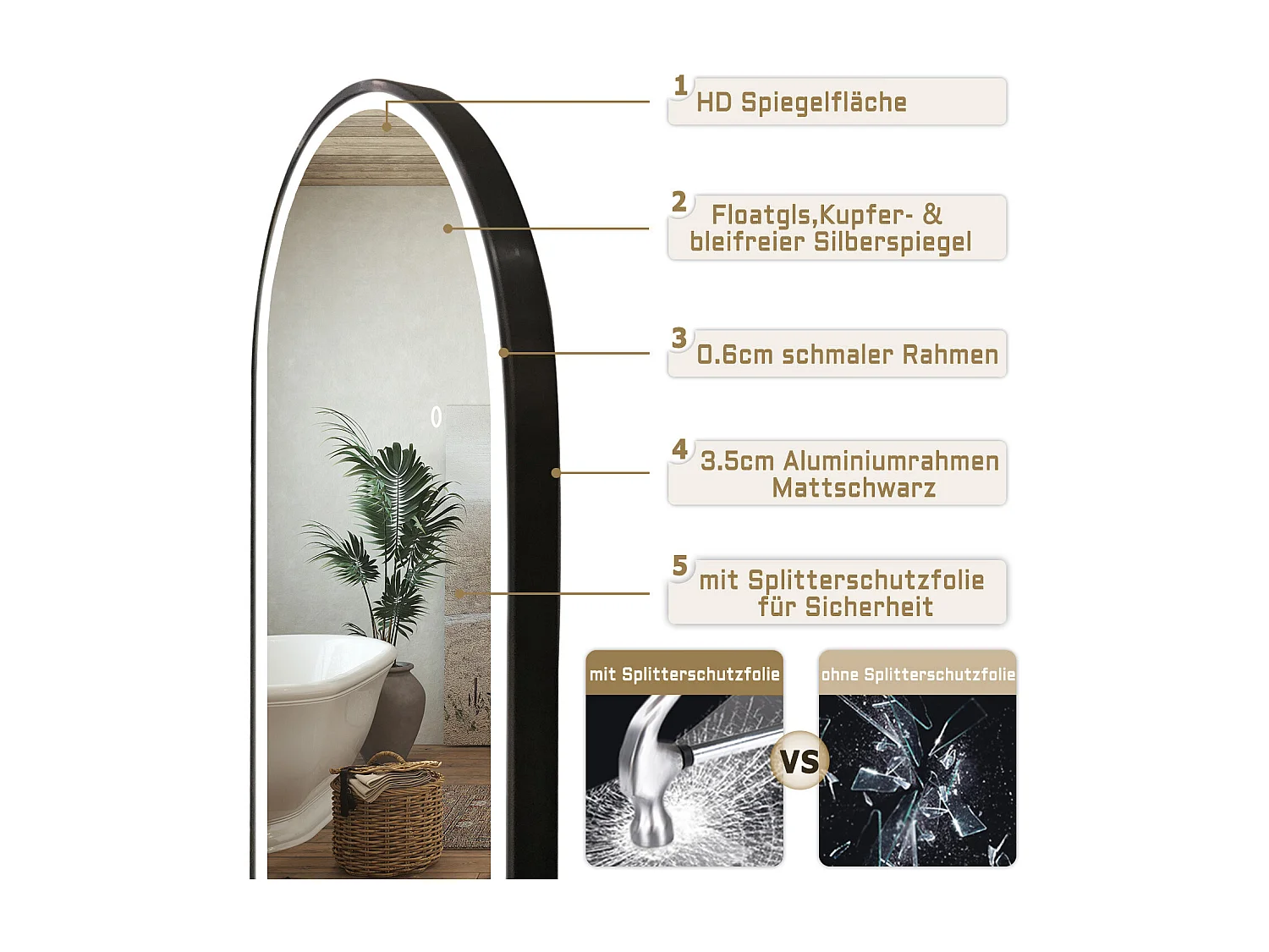 Specchio a corpo intero 160x60cm con LED, temperatura di colore regolabile, design moderno e adatto per svariate scenari.