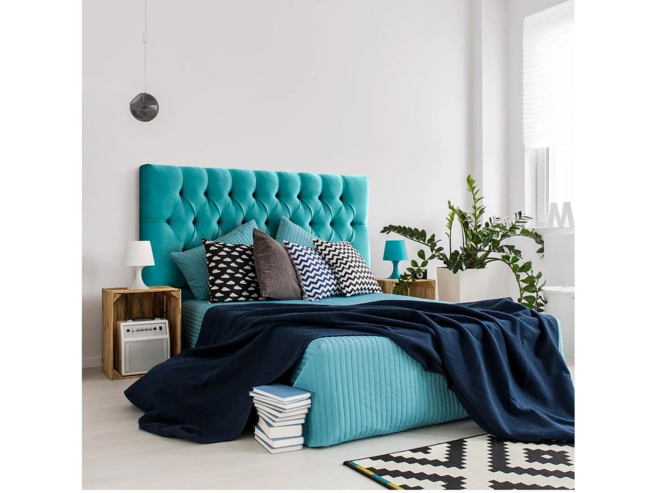 Tête de lit capitonnée Capy turquoise tissu anti-taches y structure en bois de pin – 210x60 cm, pour lits de 200 cm